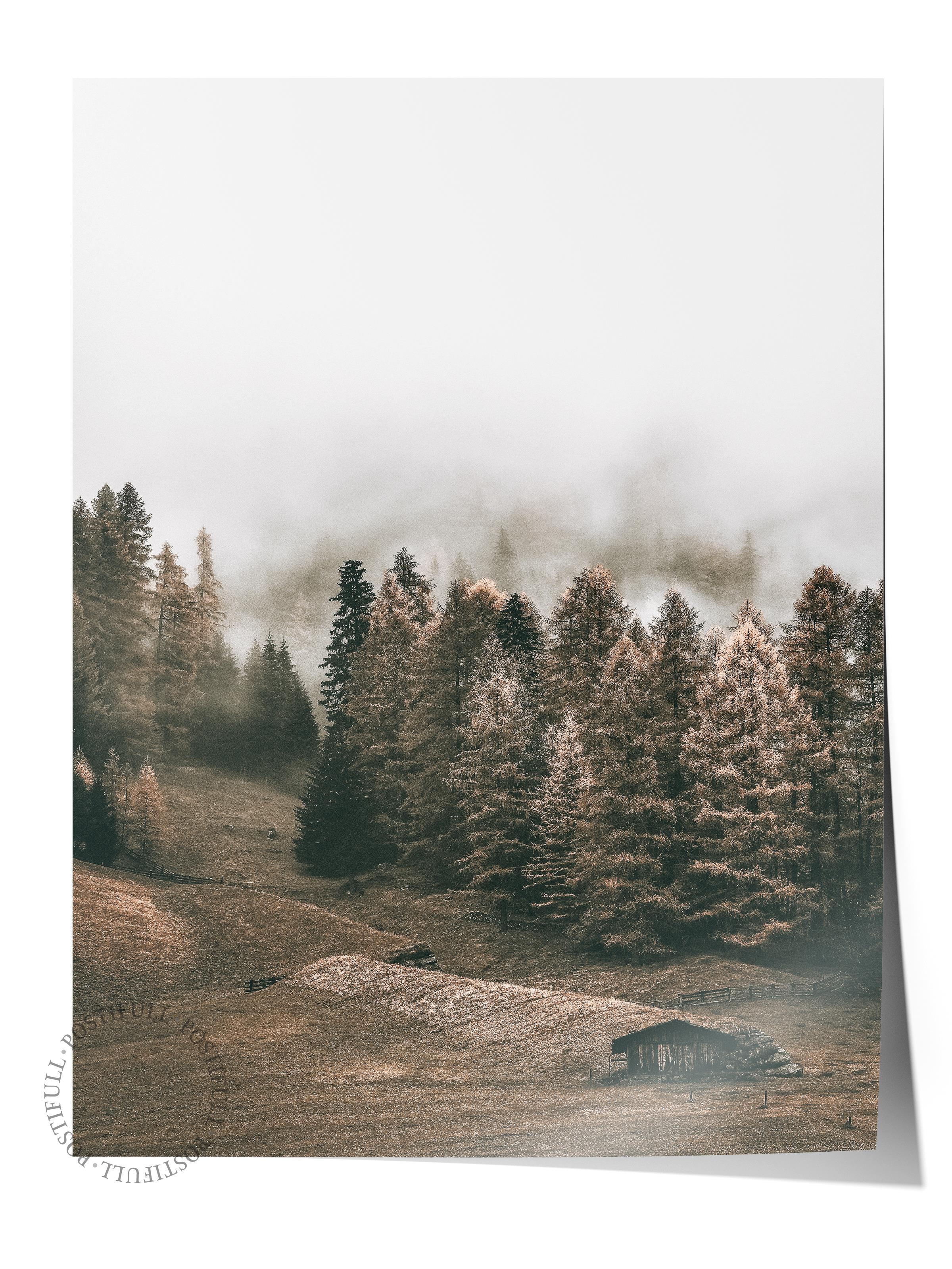 Rustic Çerçevesiz Poster, İskandinav Kahverengi Poster, NO:145 Orman ve Sis Fotoğraf, Dikey