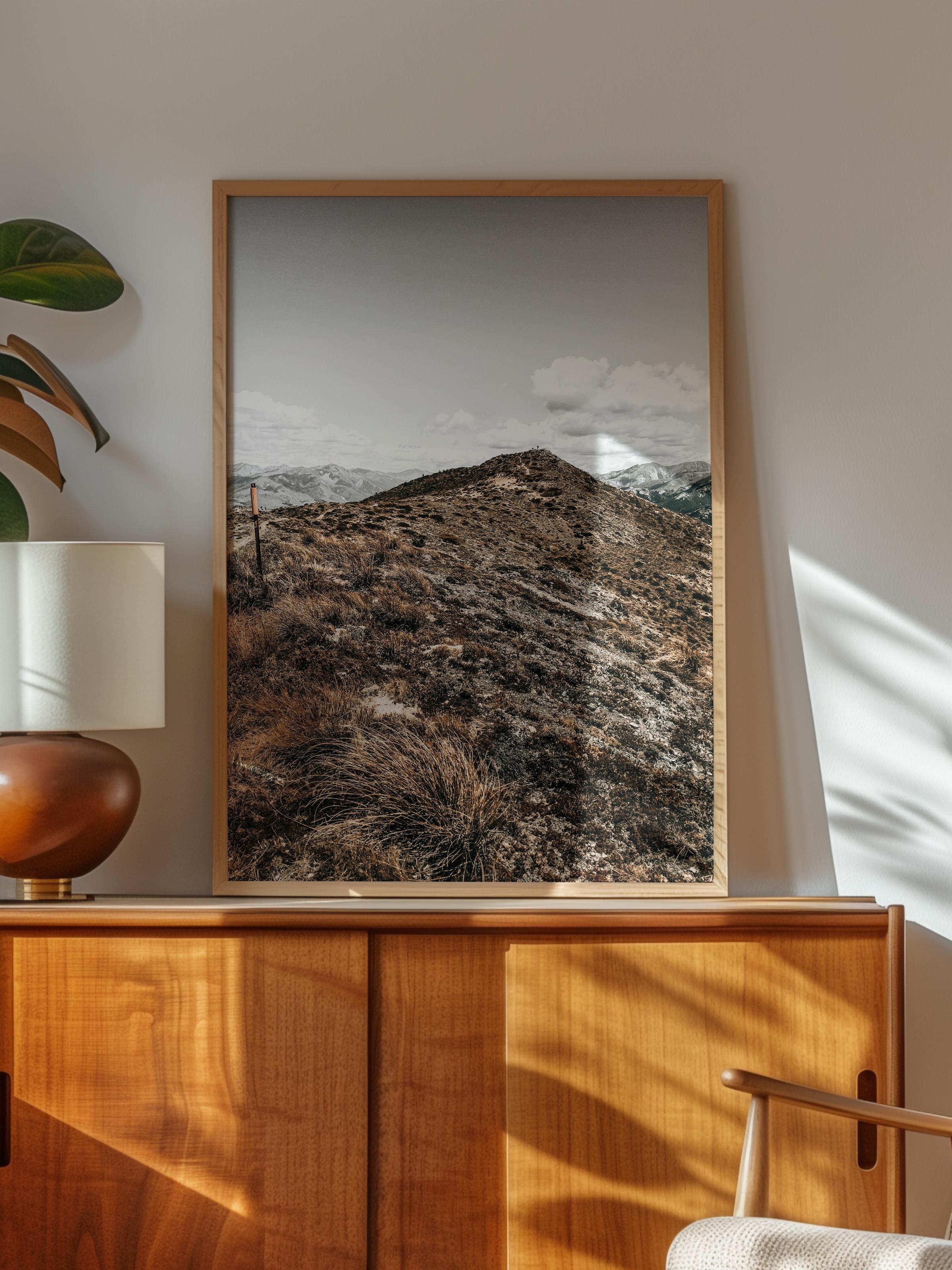 Rustic Çerçevesiz Poster, İskandinav Kahverengi Poster, NO:149 Dağ ve Çimenler Fotoğraf, Dikey