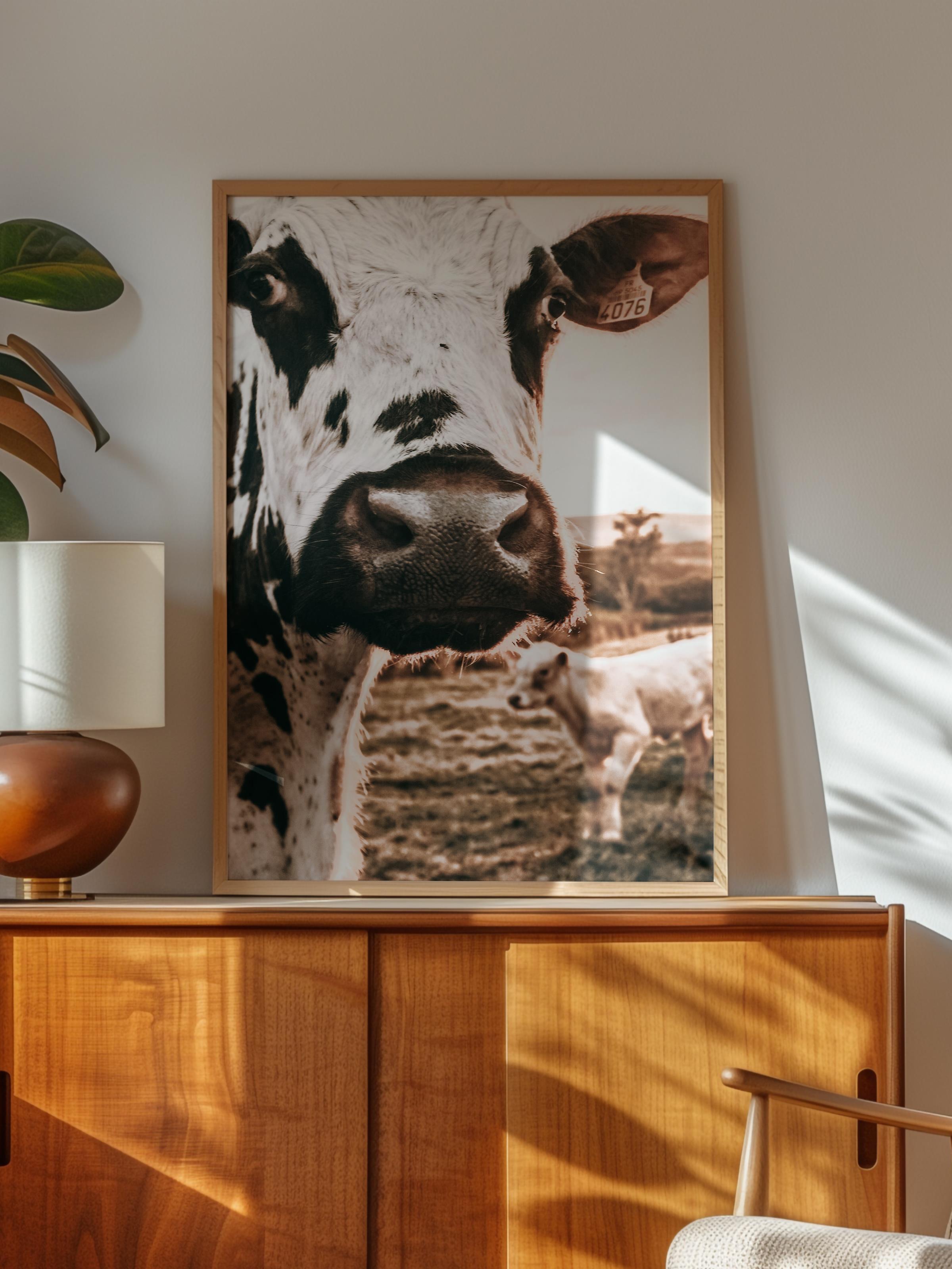 Rustic Çerçevesiz Poster, İskandinav Kahverengi Poster, NO:150 İnek Yakın Plan Fotoğraf, Dikey