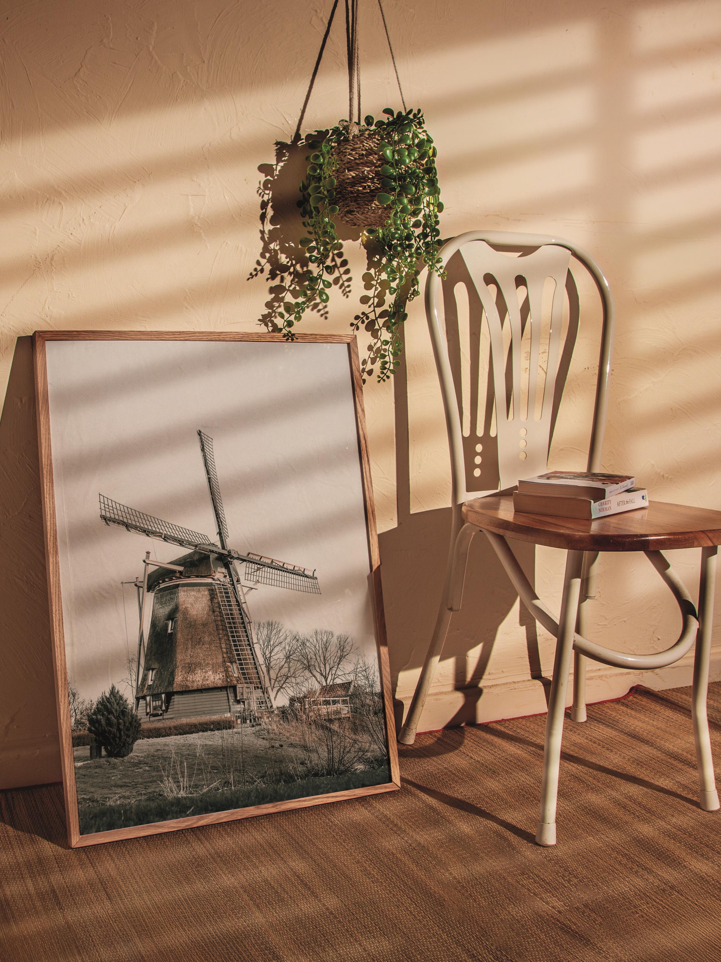 Rustic Çerçevesiz Poster, İskandinav Kahverengi Poster, NO:154 Yel Değirmeni Fotoğraf, Dikey