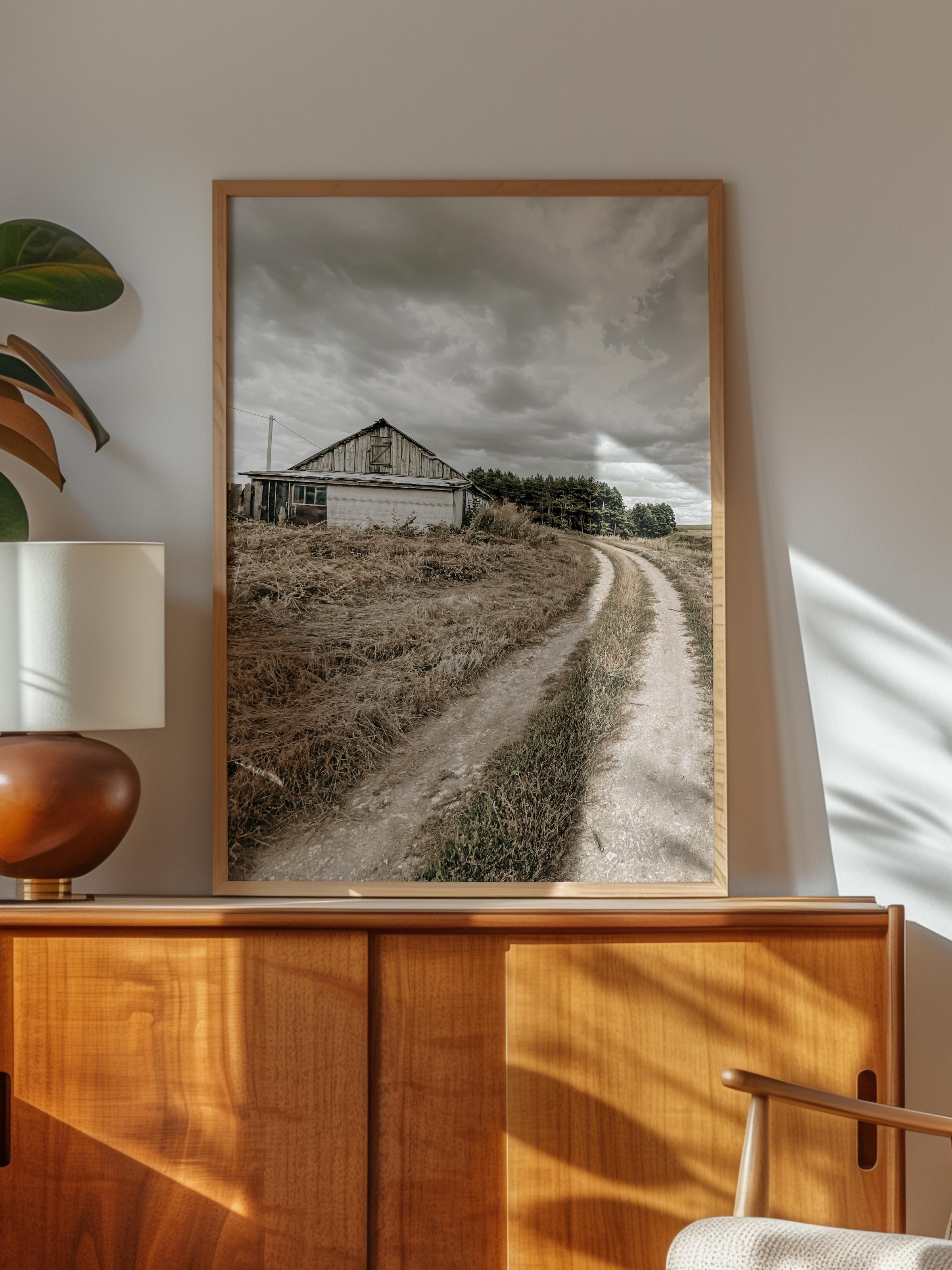 Rustic Çerçevesiz Poster, İskandinav Kahverengi Poster, NO:160 Çiftlik Evi ve Yol Fotoğraf, Dikey
