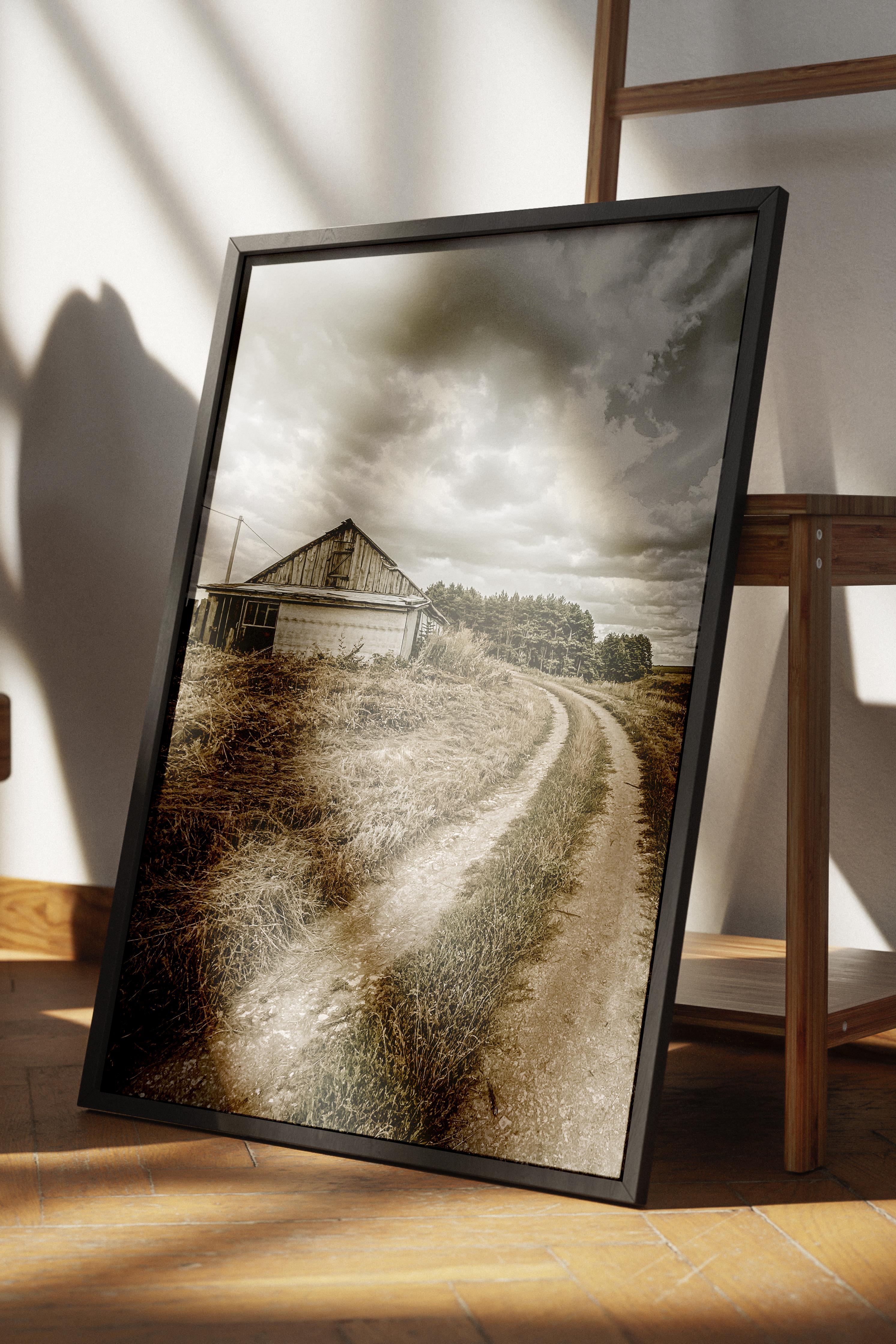 Rustic Çerçevesiz Poster, İskandinav Kahverengi Poster, NO:160 Çiftlik Evi ve Yol Fotoğraf, Dikey