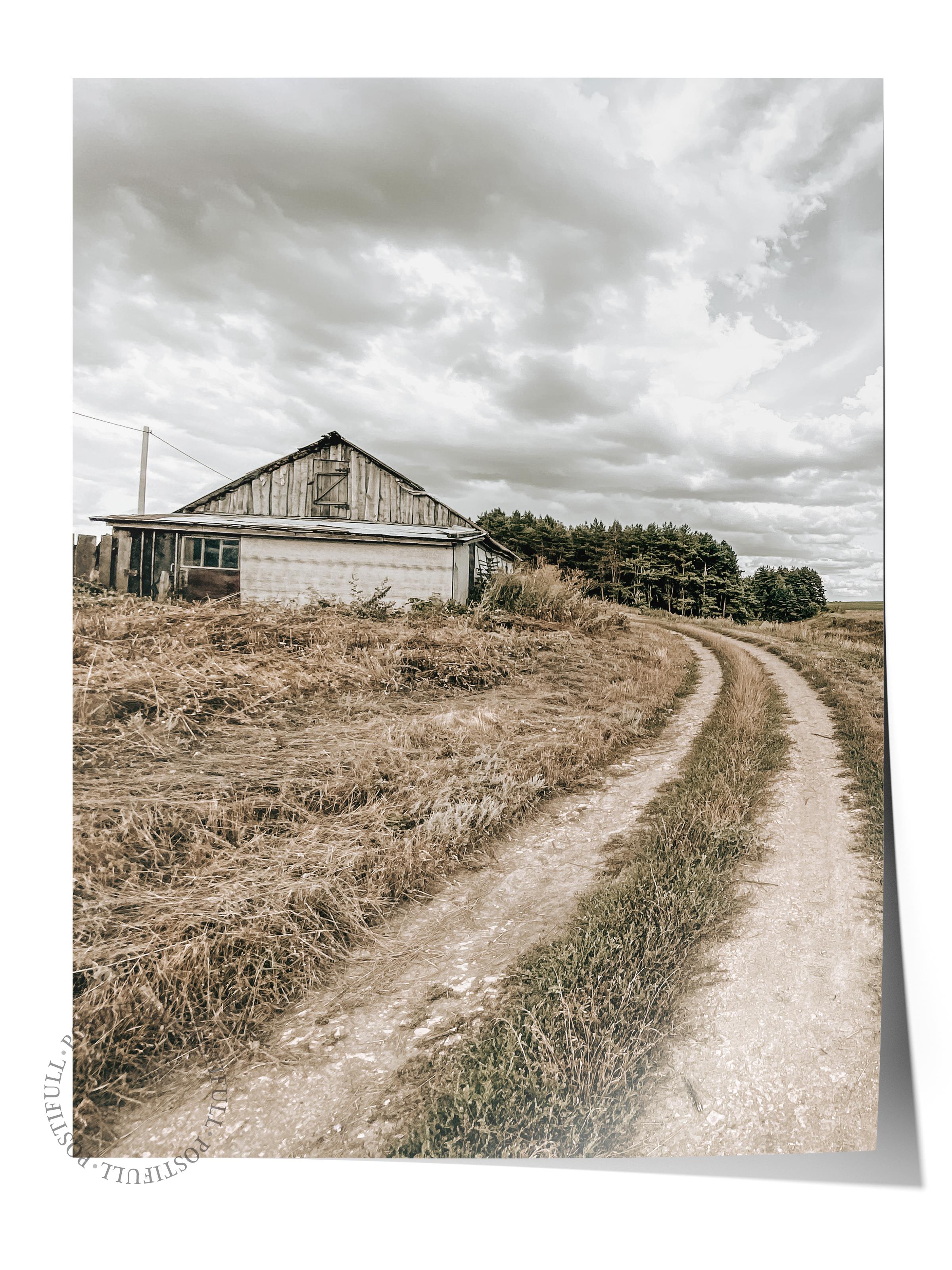 Rustic Çerçevesiz Poster, İskandinav Kahverengi Poster, NO:160 Çiftlik Evi ve Yol Fotoğraf, Dikey