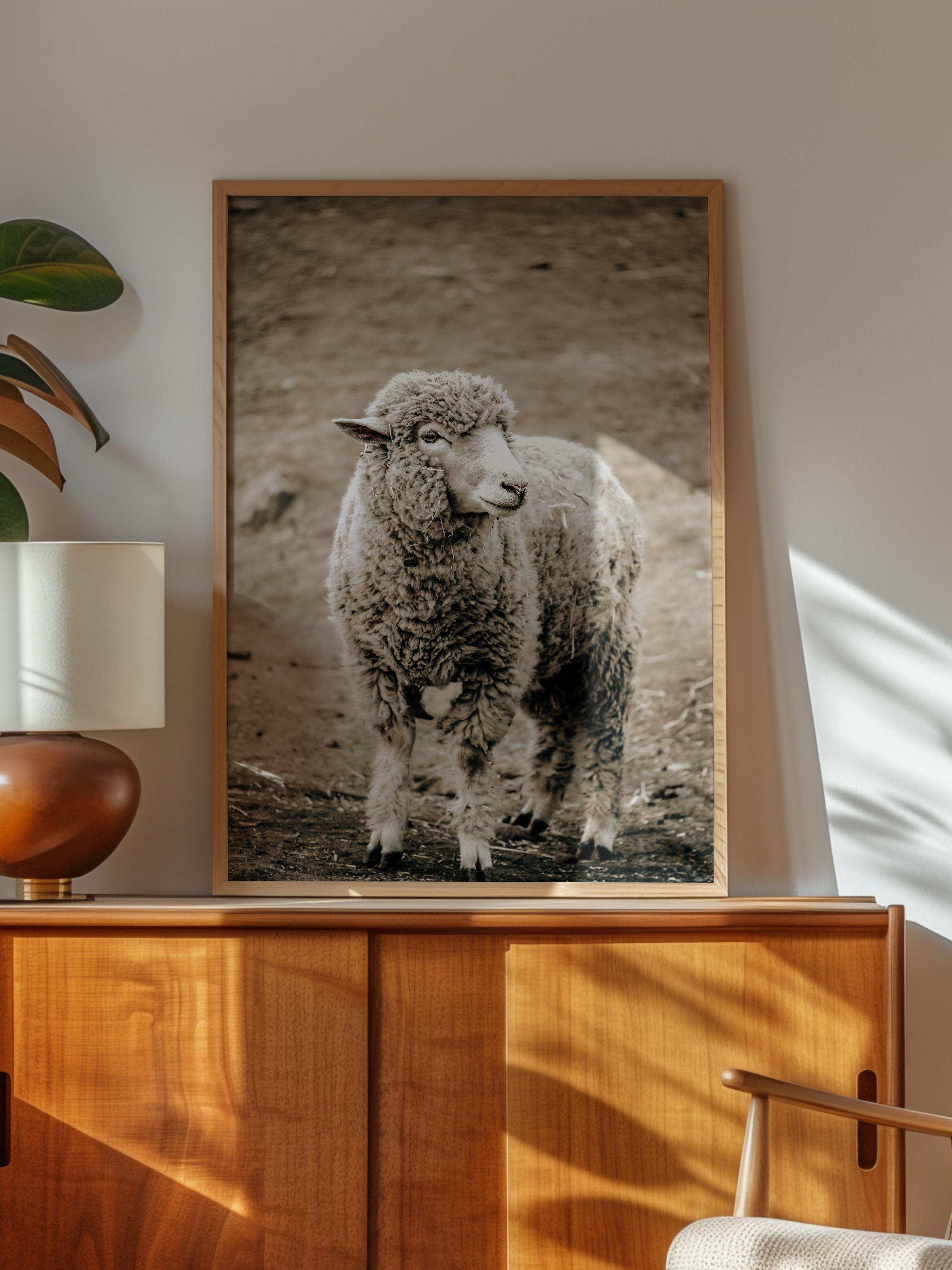 Rustic Çerçevesiz Poster, İskandinav Kahverengi Poster, NO:166 Koyun Yakın Plan Fotoğraf, Dikey