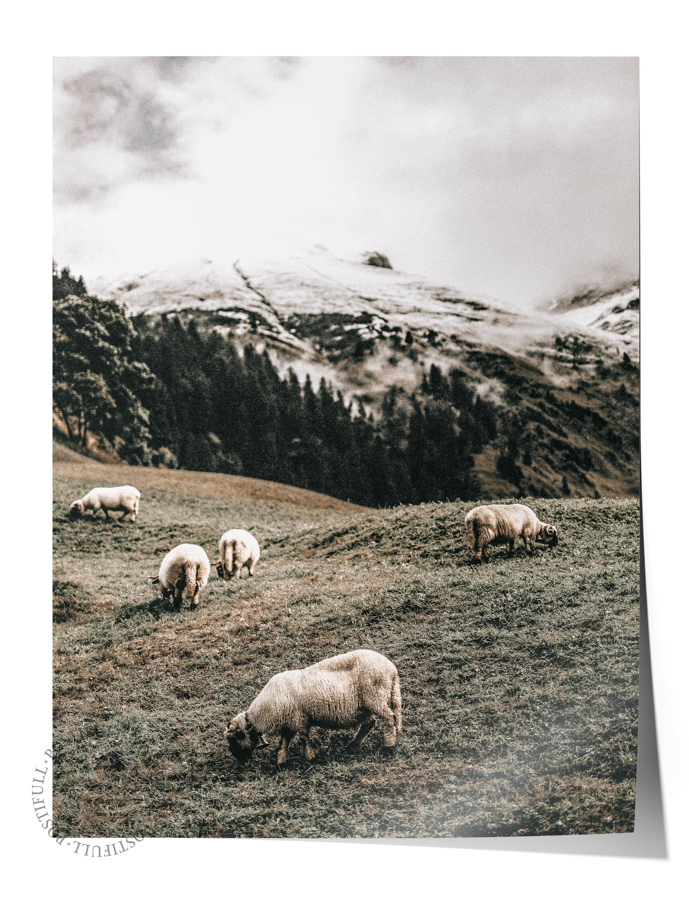 Rustic Çerçevesiz Poster, İskandinav Kahverengi Poster, NO:168 Koyunlar ve Dağ Fotoğraf, Dikey