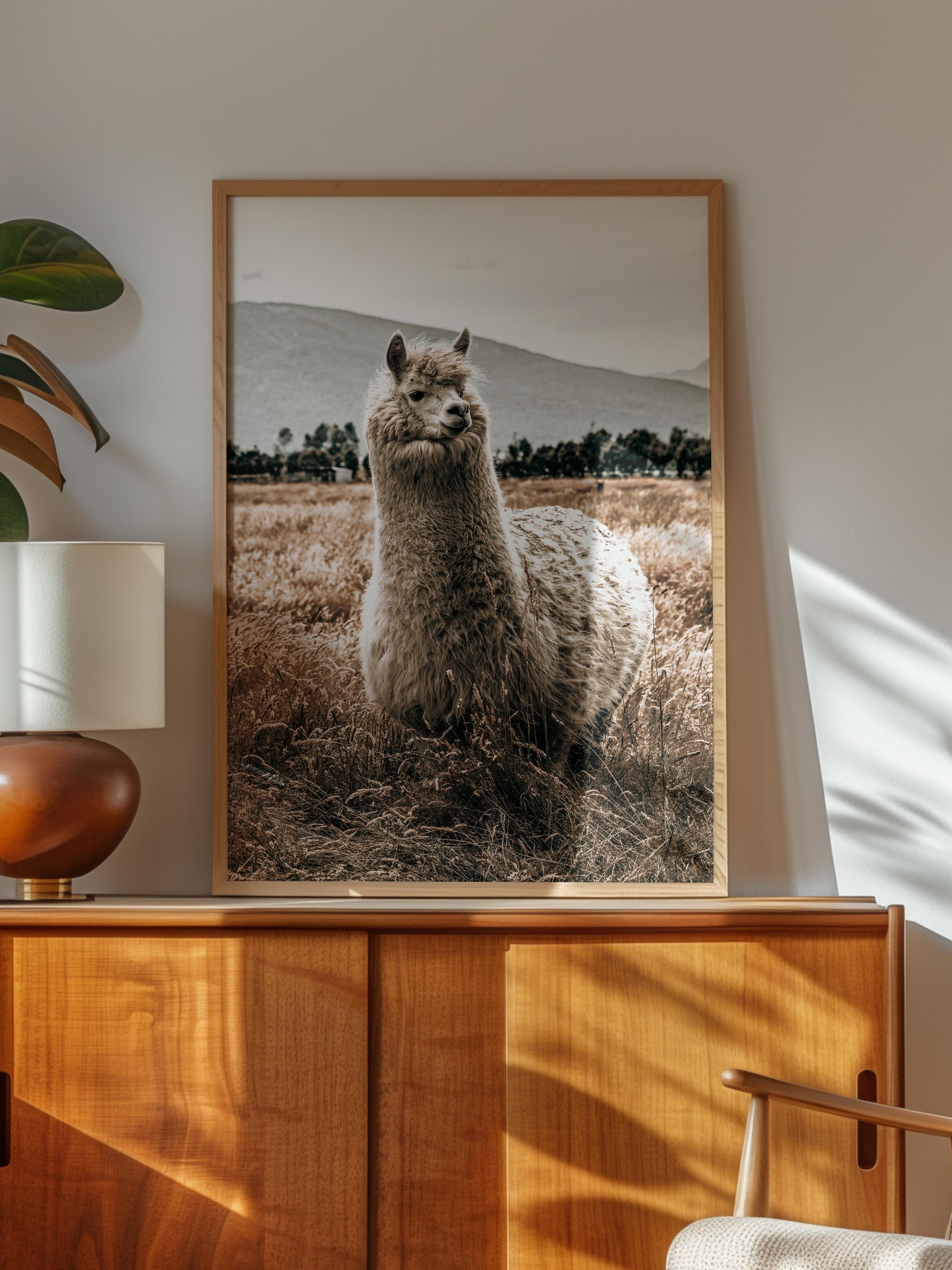 Rustic Çerçevesiz Poster, İskandinav Kahverengi Poster, NO:169 Lama Yakın Plan Fotoğraf, Dikey