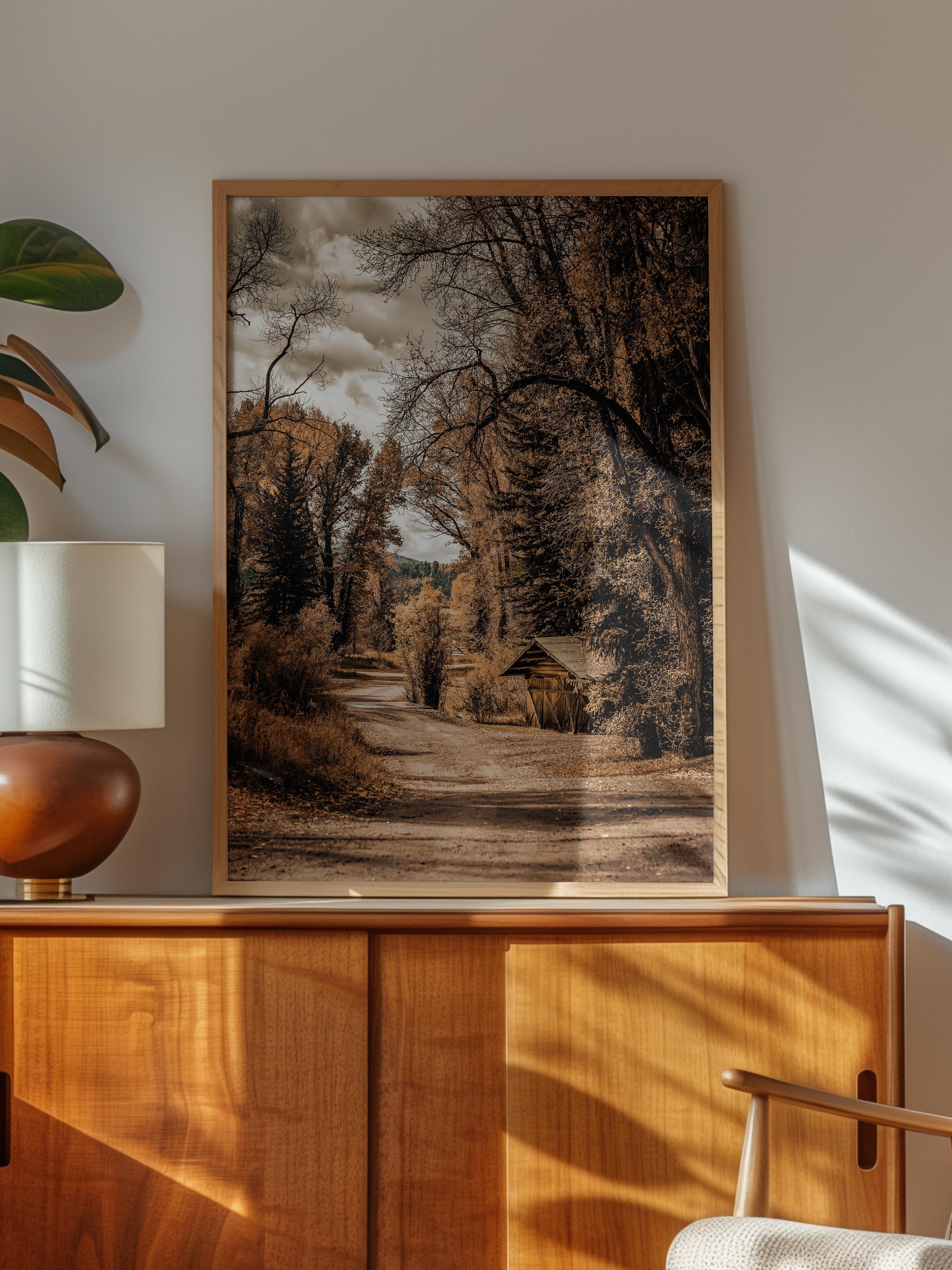 Rustic Çerçevesiz Poster, İskandinav Kahverengi Poster, NO:17 Orman Yolu Fotoğraf, Dikey