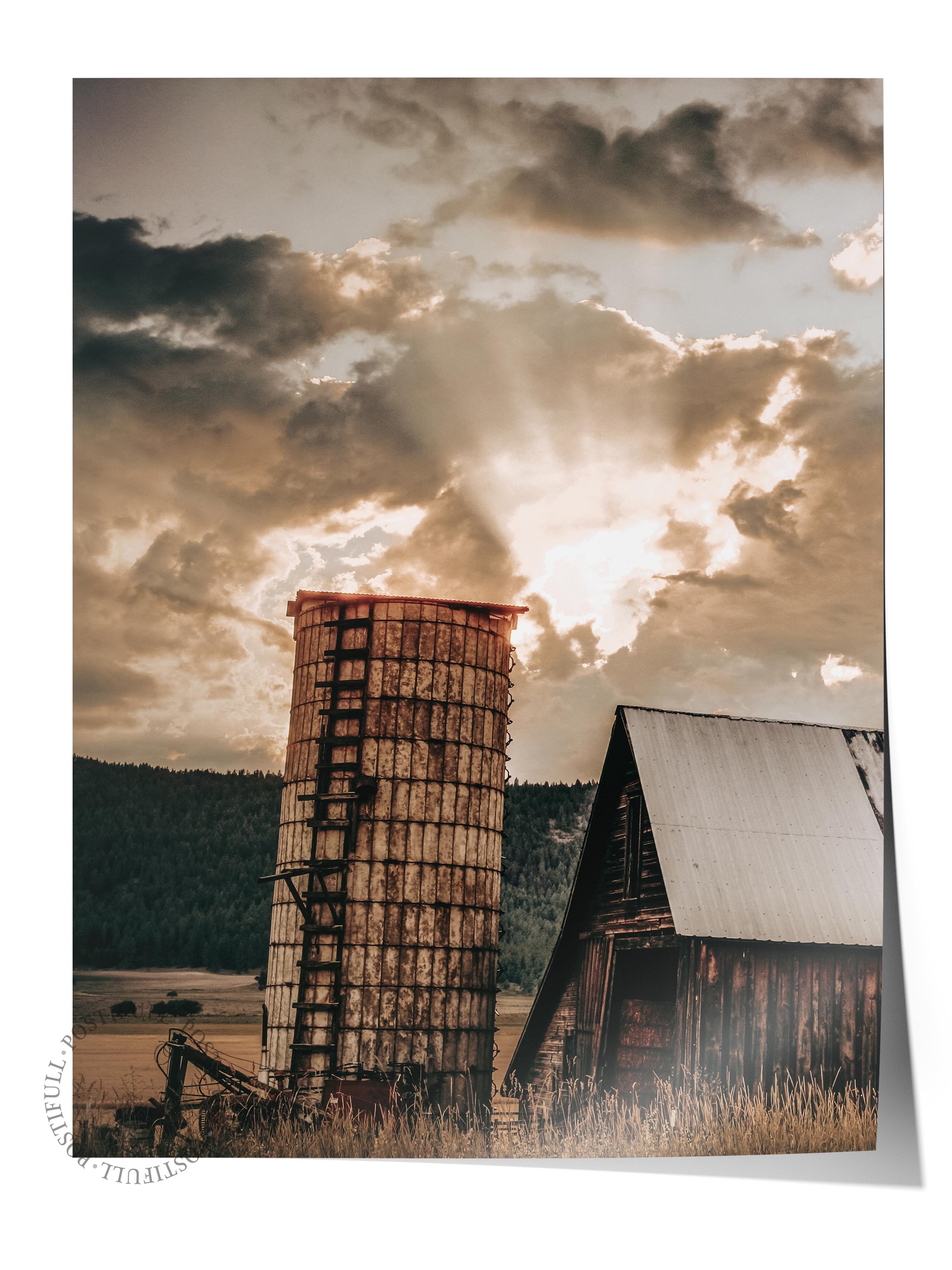 Rustic Çerçevesiz Poster, İskandinav Kahverengi Poster, NO:172 Ahır ve Gün Batımı Fotoğraf, Dikey