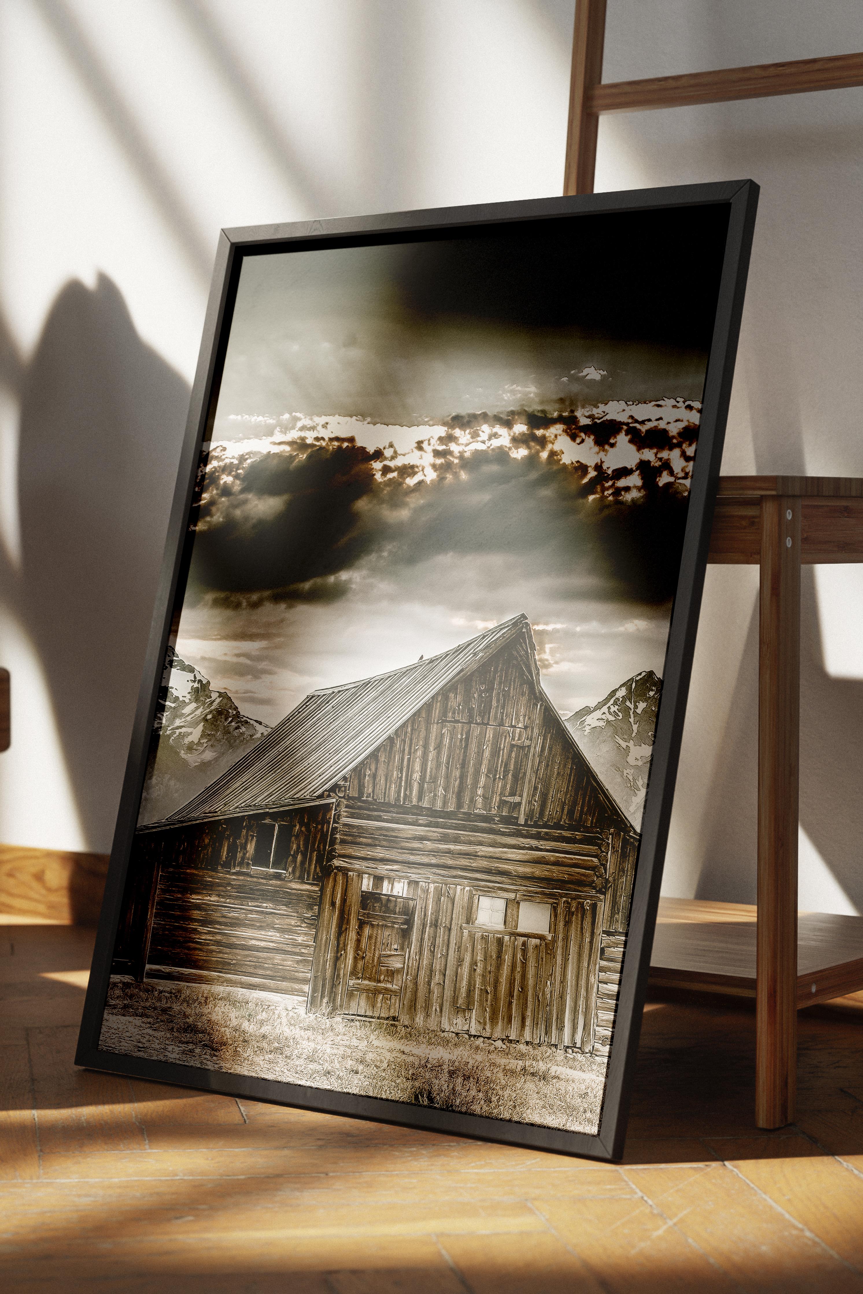 Rustic Çerçevesiz Poster, İskandinav Kahverengi Poster, NO:174 Ahır ve Dağ Fotoğraf, Dikey