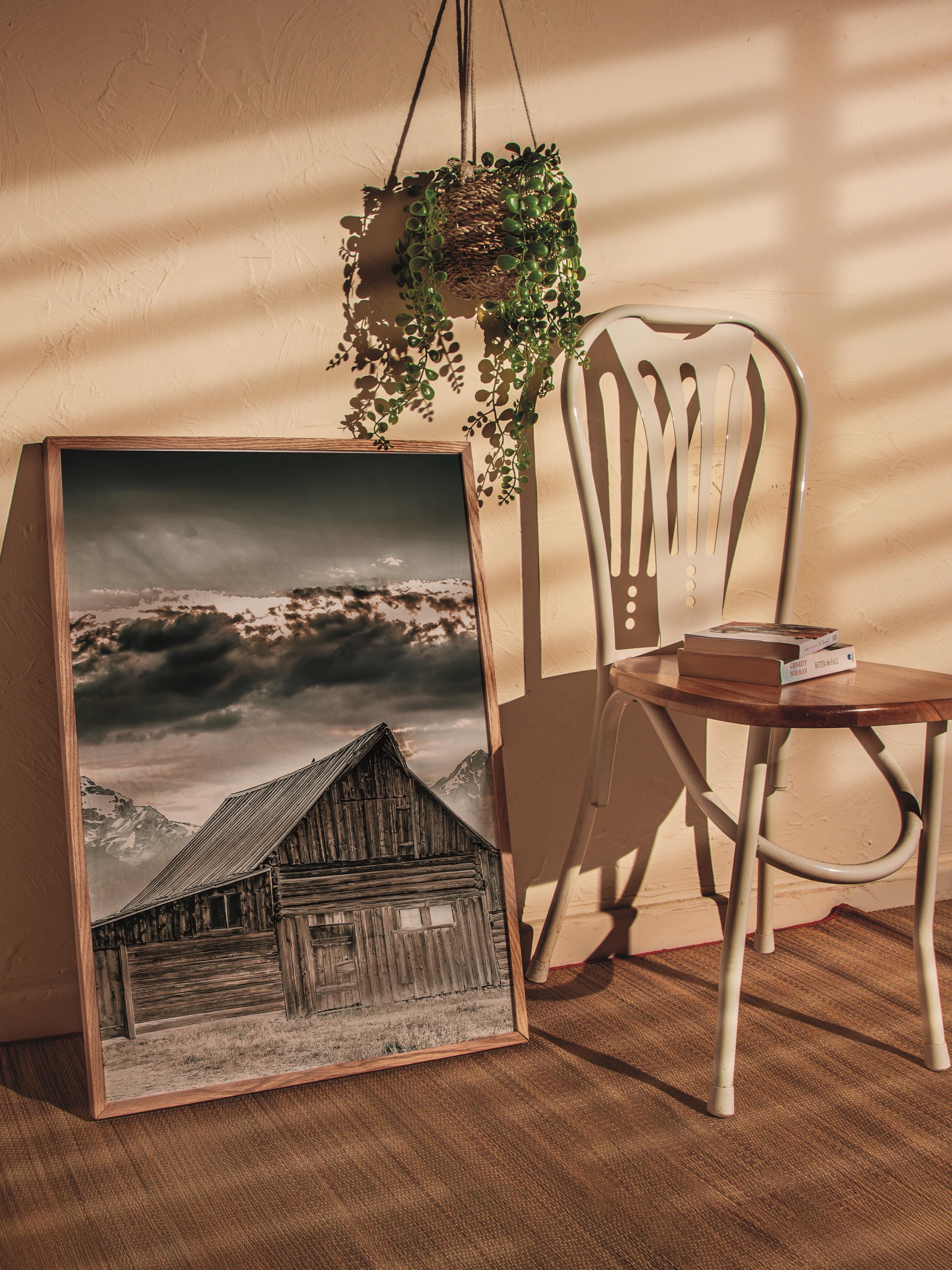 Rustic Çerçevesiz Poster, İskandinav Kahverengi Poster, NO:174 Ahır ve Dağ Fotoğraf, Dikey