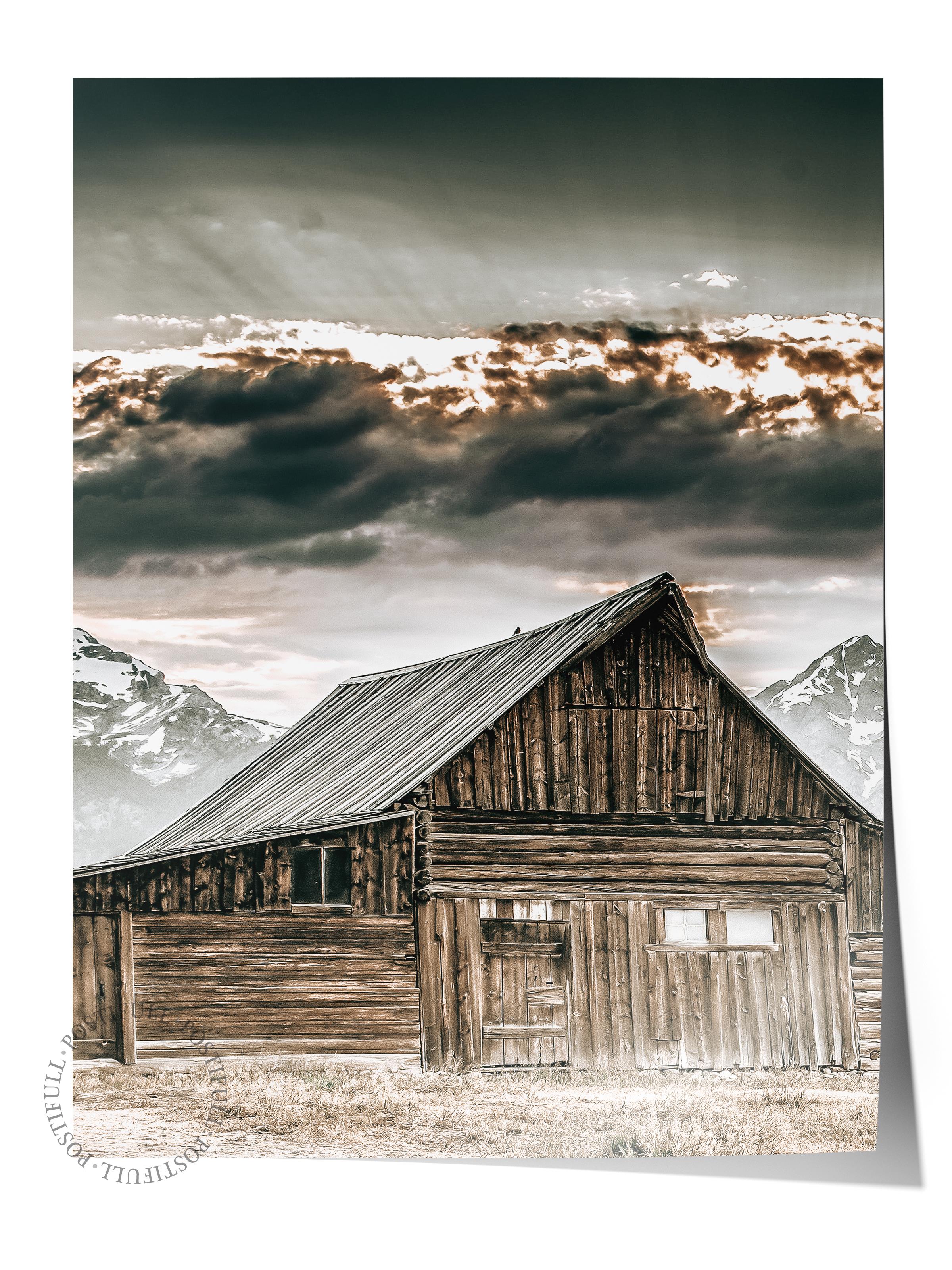 Rustic Çerçevesiz Poster, İskandinav Kahverengi Poster, NO:174 Ahır ve Dağ Fotoğraf, Dikey