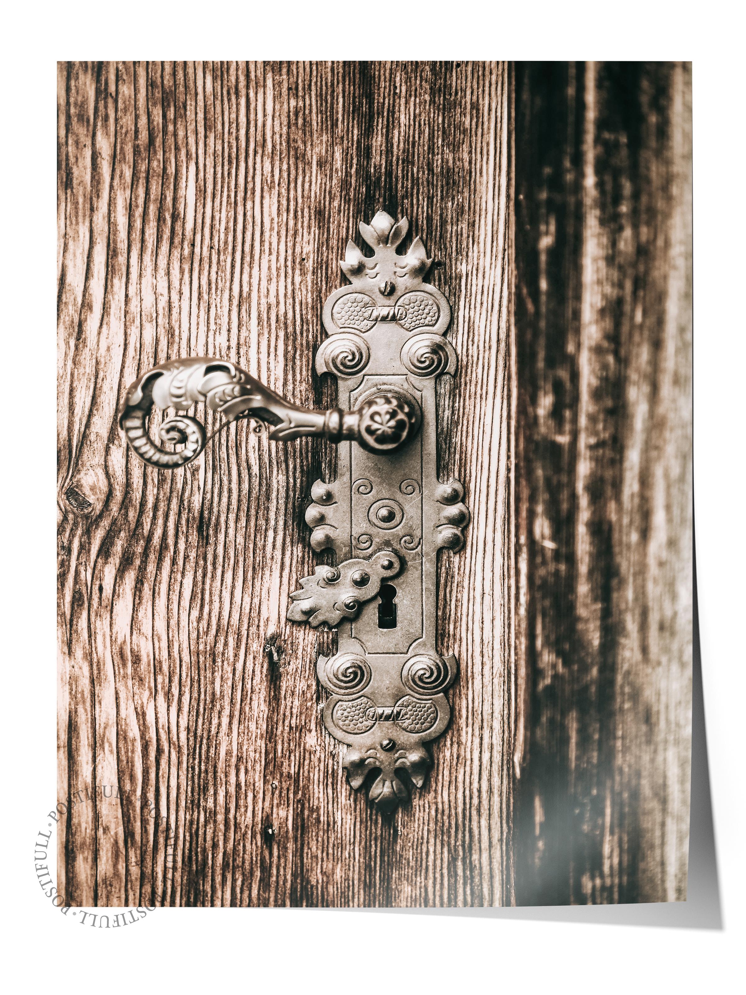 Rustic Çerçevesiz Poster, İskandinav Kahverengi Poster, NO:181 Eski Kapı Tokmağı Fotoğraf, Dikey