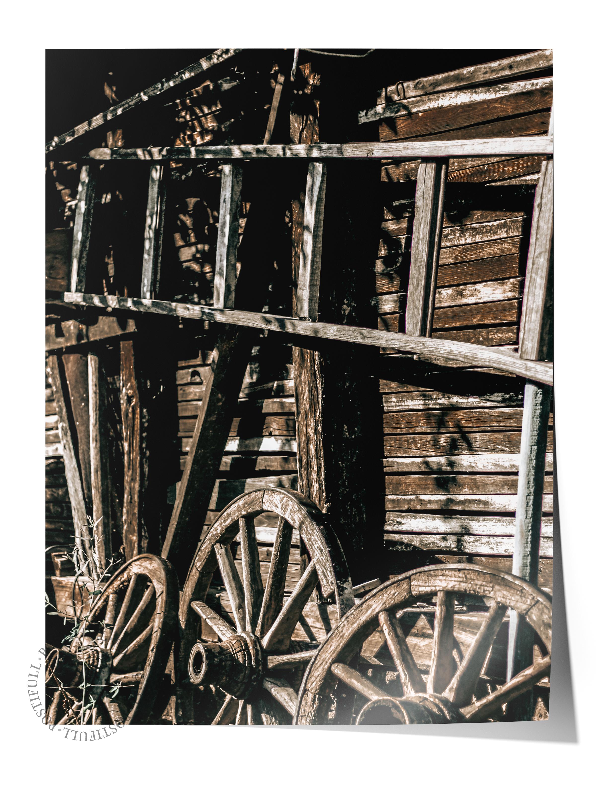 Rustic Çerçevesiz Poster, İskandinav Kahverengi Poster, NO:184 Eski Ahşap Tekerlek Fotoğraf, Dikey