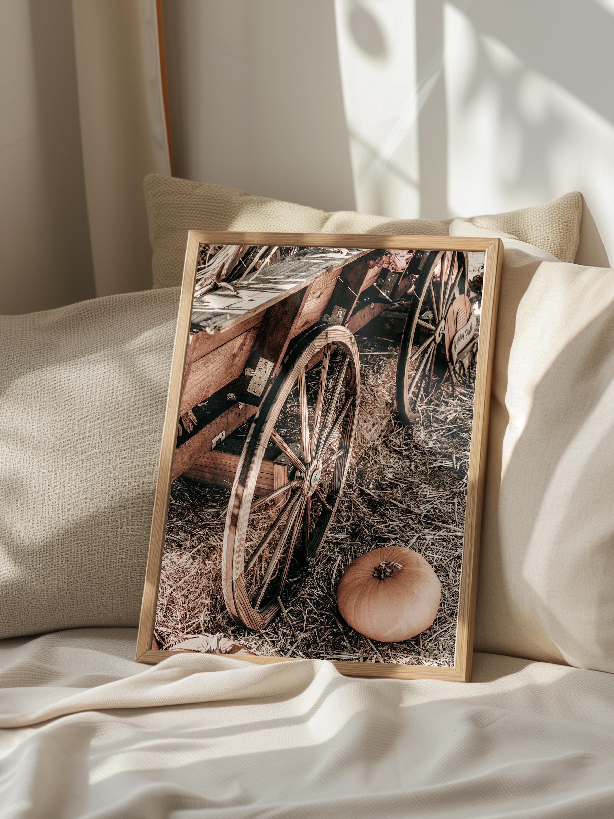 Rustic Çerçevesiz Poster, İskandinav Kahverengi Poster, NO:185 Ahşap Tekerlekler ve Sepet Fotoğraf