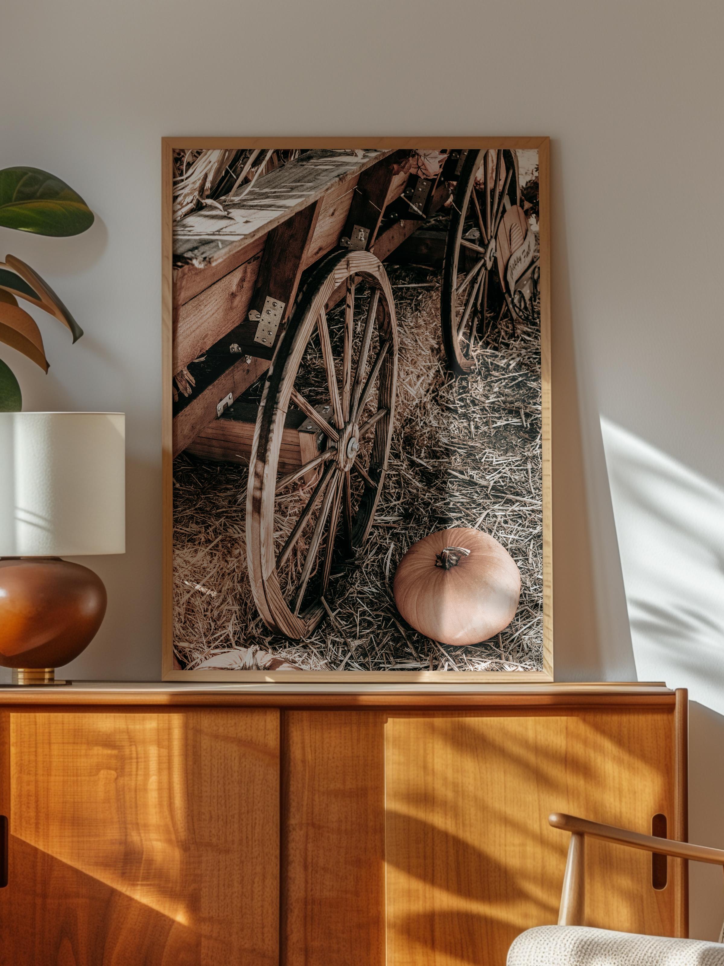 Rustic Çerçevesiz Poster, İskandinav Kahverengi Poster, NO:185 Ahşap Tekerlekler ve Sepet Fotoğraf