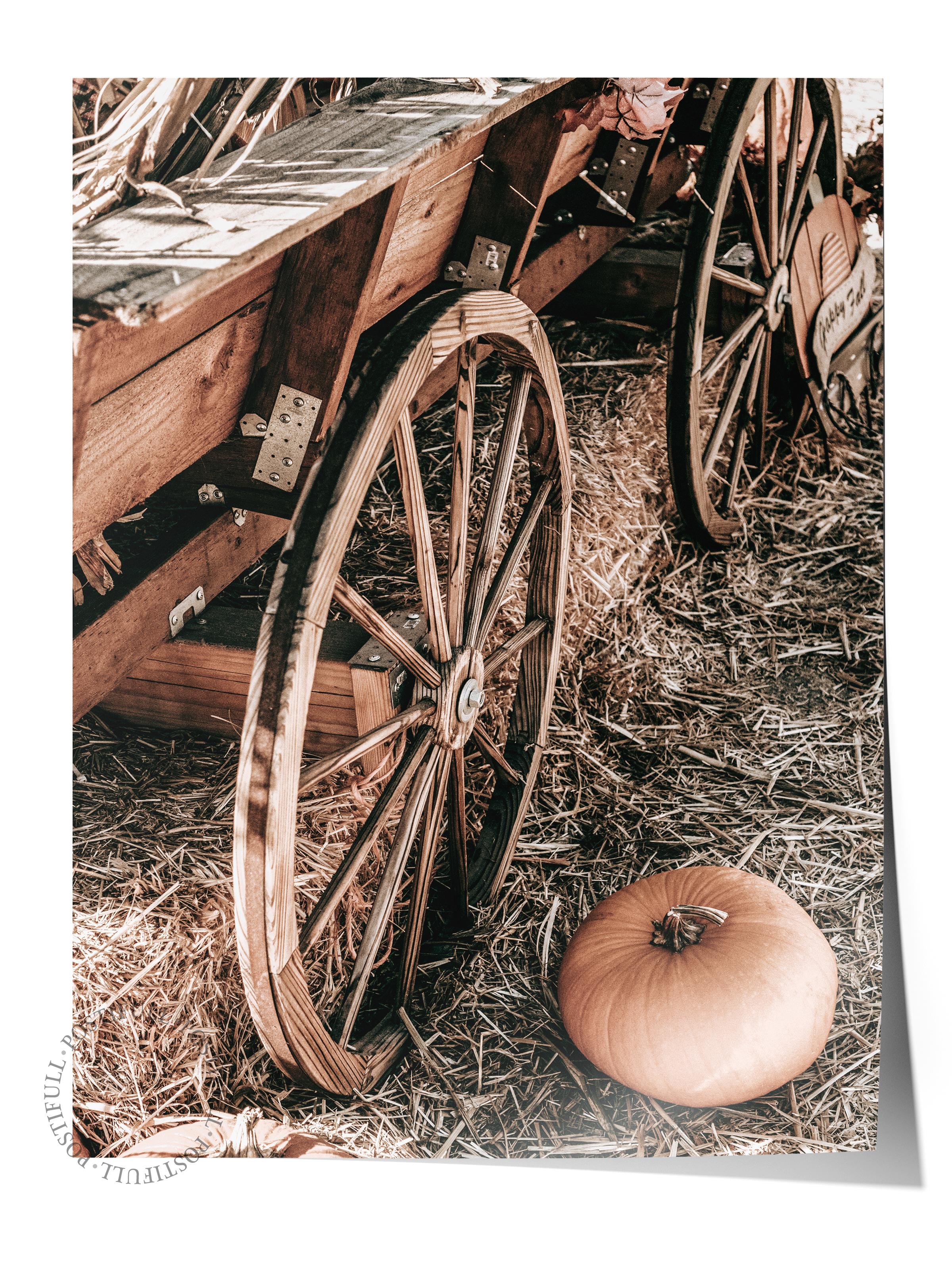 Rustic Çerçevesiz Poster, İskandinav Kahverengi Poster, NO:185 Ahşap Tekerlekler ve Sepet Fotoğraf