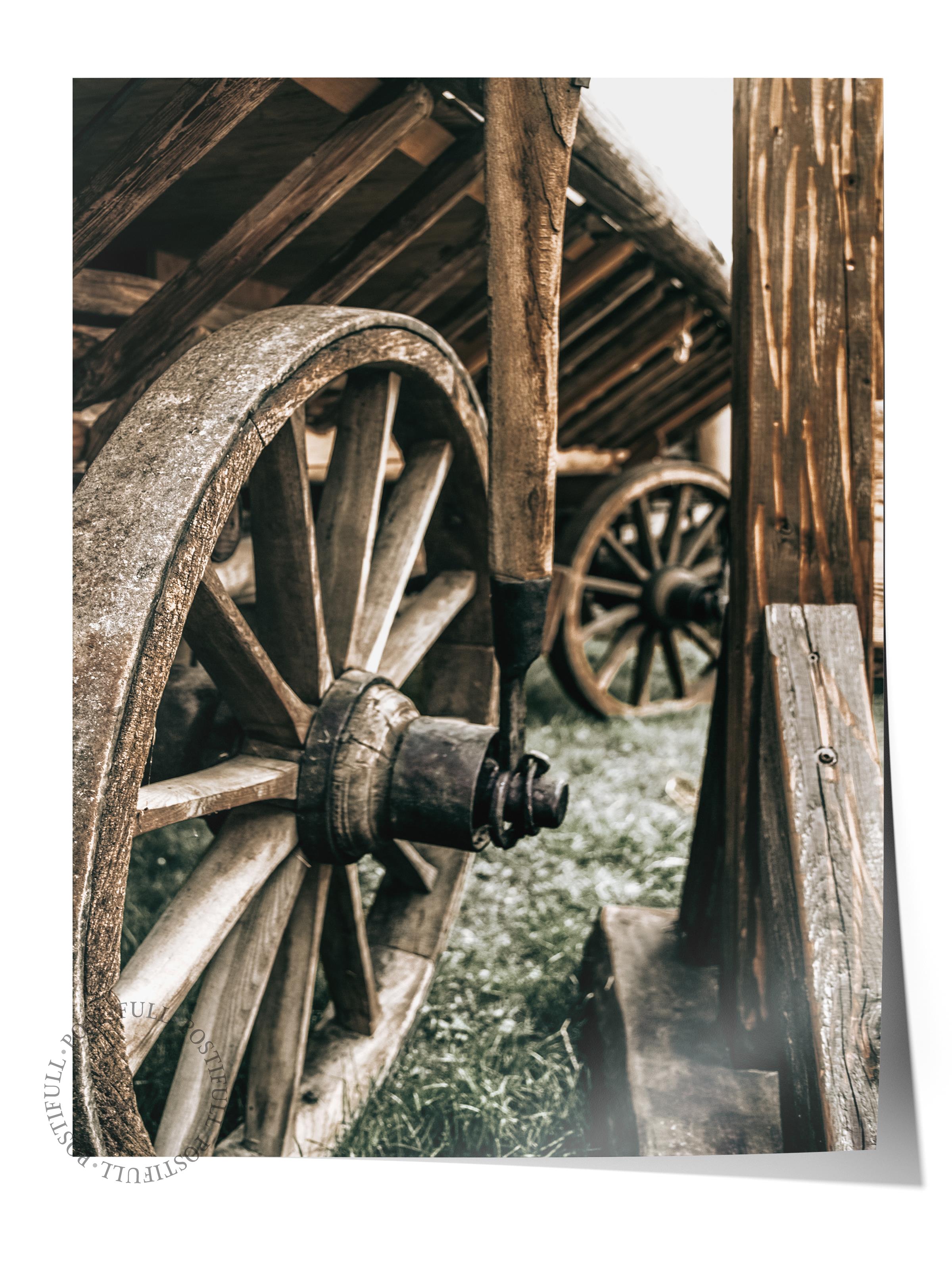 Rustic Çerçevesiz Poster, İskandinav Kahverengi Poster, NO:188 Ahşap Tekerlek Yakın Plan Fotoğraf