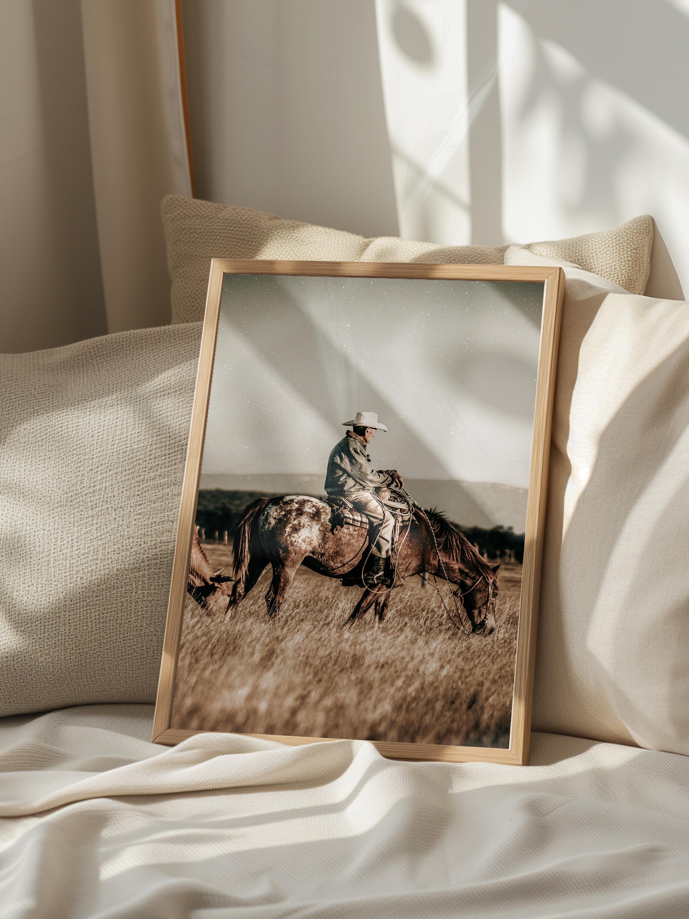 Rustic Çerçevesiz Poster, İskandinav Kahverengi Poster, NO:189 Kovboy ve At Fotoğraf, Dikey