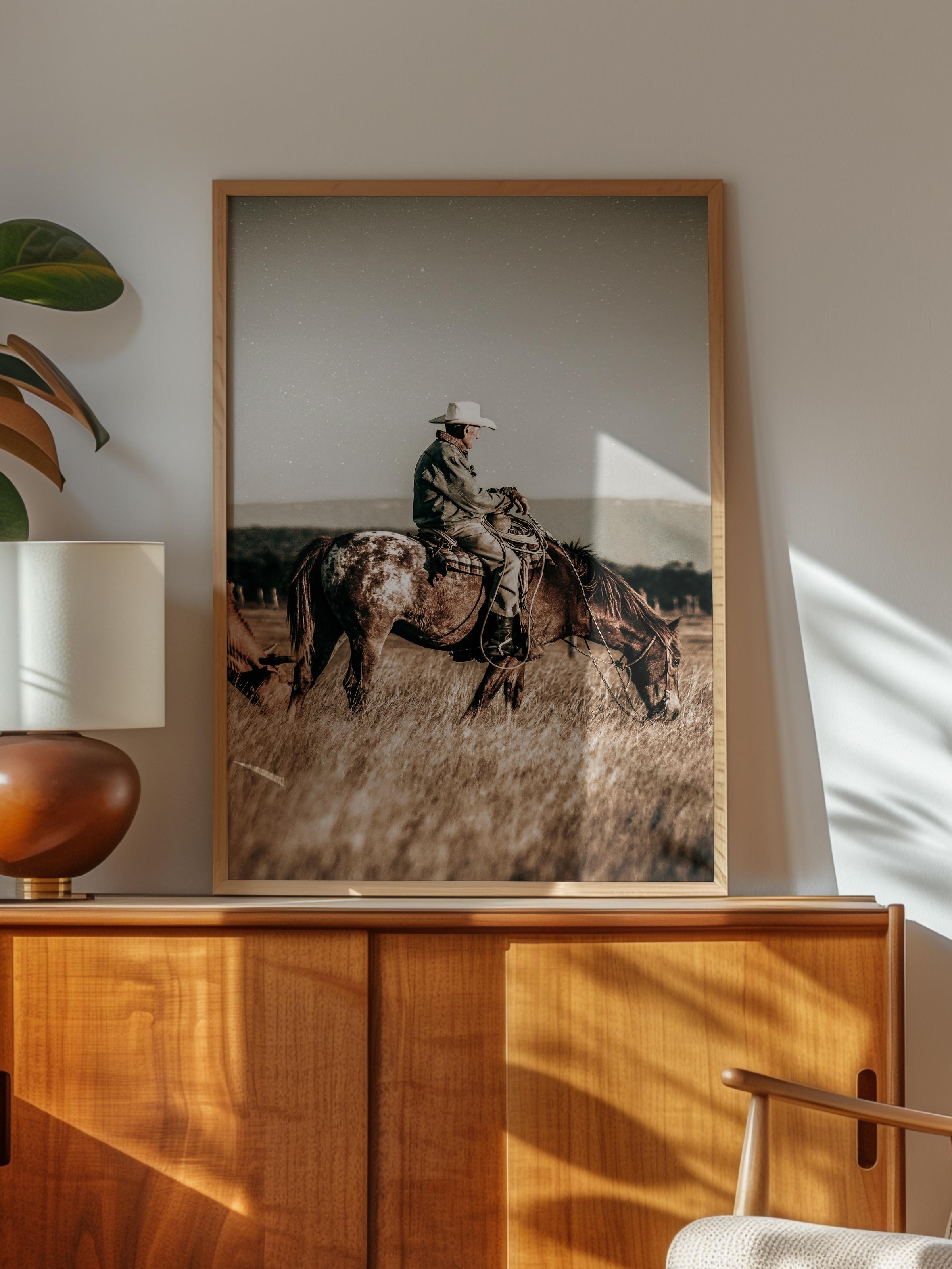 Rustic Çerçevesiz Poster, İskandinav Kahverengi Poster, NO:189 Kovboy ve At Fotoğraf, Dikey