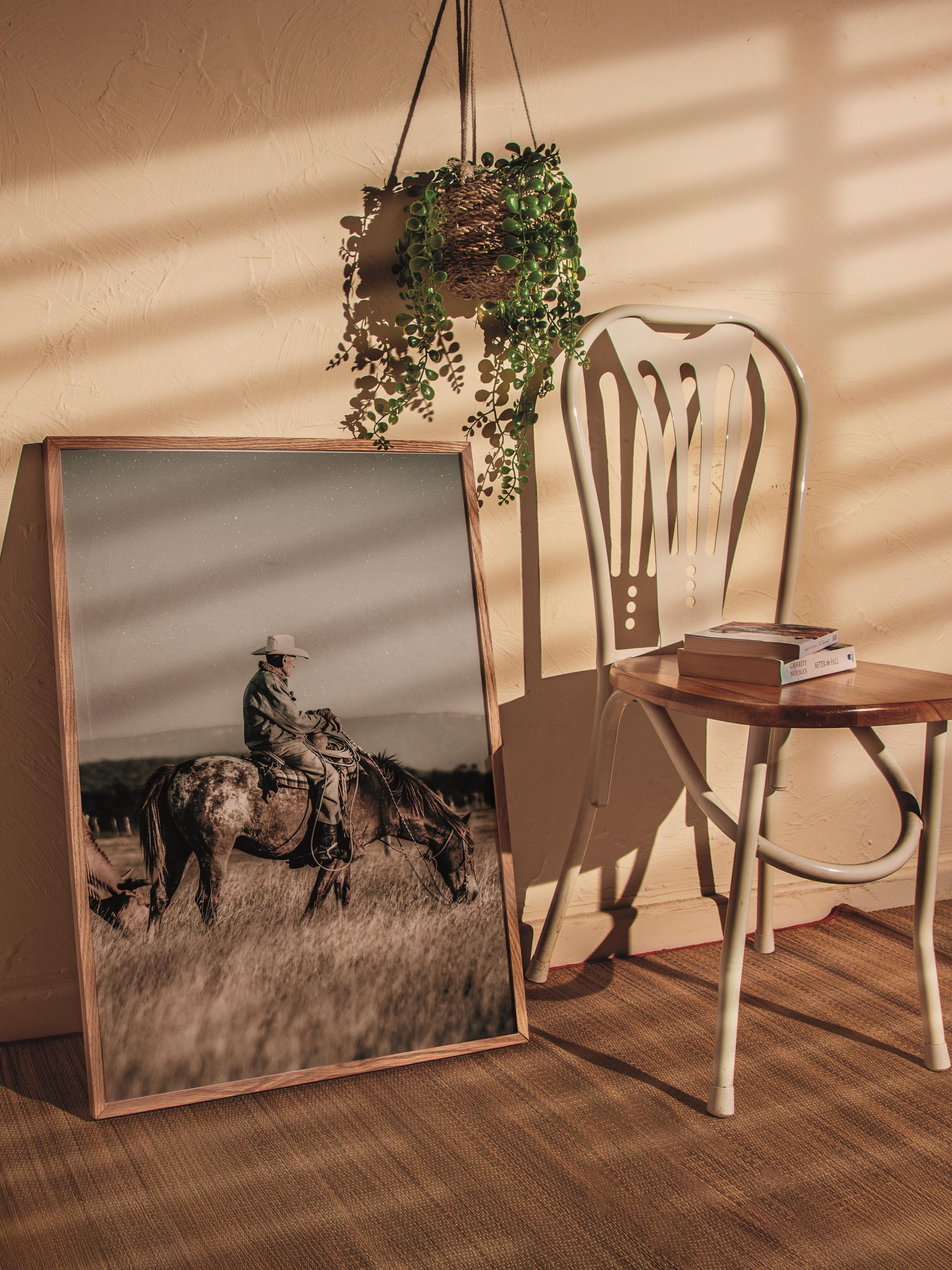 Rustic Çerçevesiz Poster, İskandinav Kahverengi Poster, NO:189 Kovboy ve At Fotoğraf, Dikey