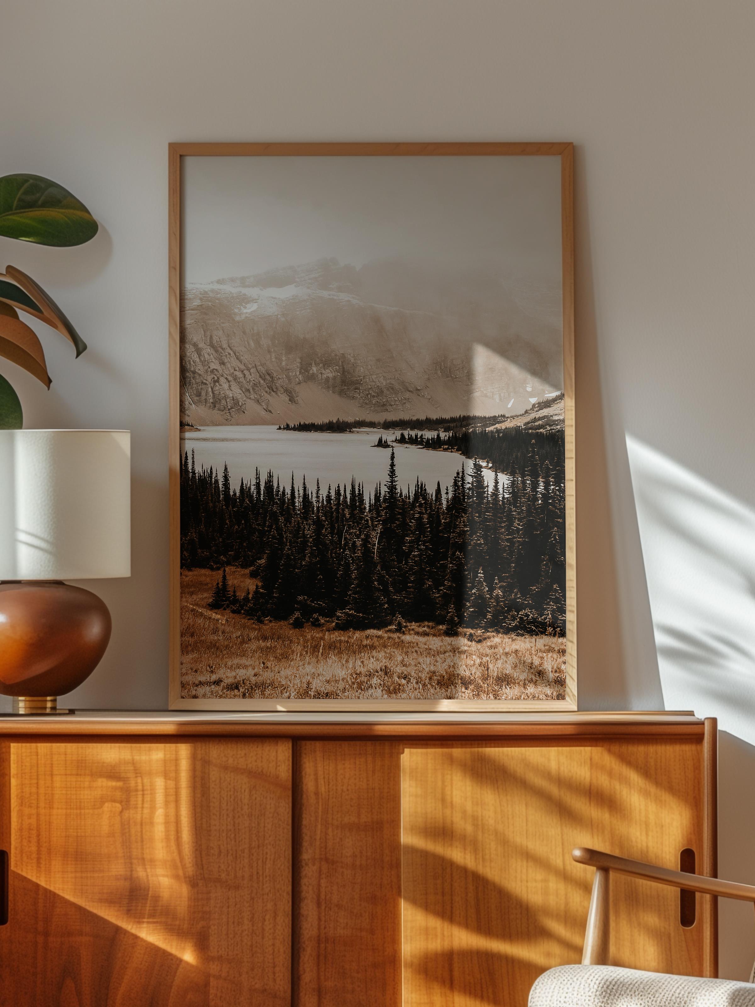 Rustic Çerçevesiz Poster, İskandinav Kahverengi Poster, NO:19 Dağ Manzarası ve Göl Fotoğraf, Dikey