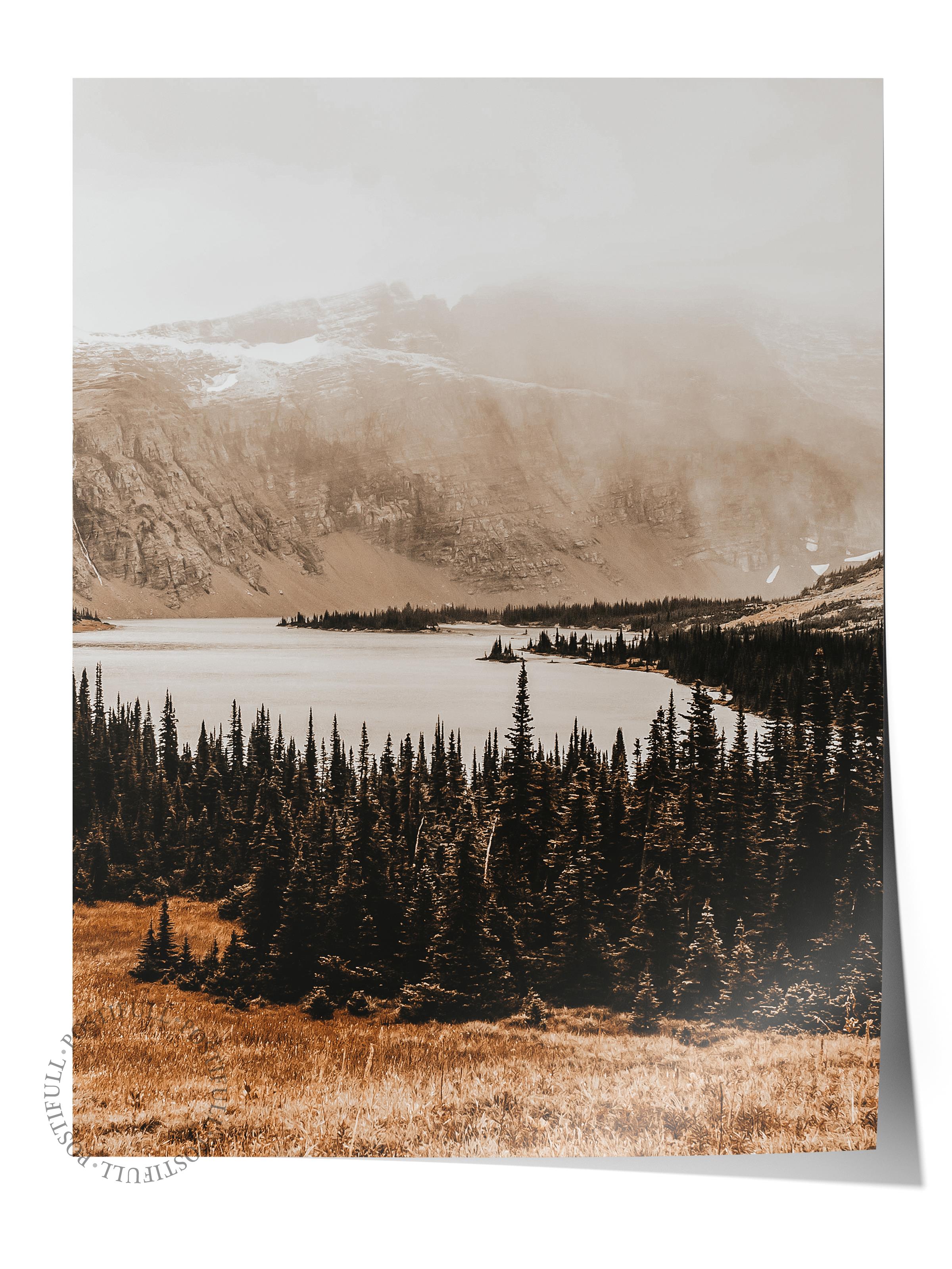 Rustic Çerçevesiz Poster, İskandinav Kahverengi Poster, NO:19 Dağ Manzarası ve Göl Fotoğraf, Dikey
