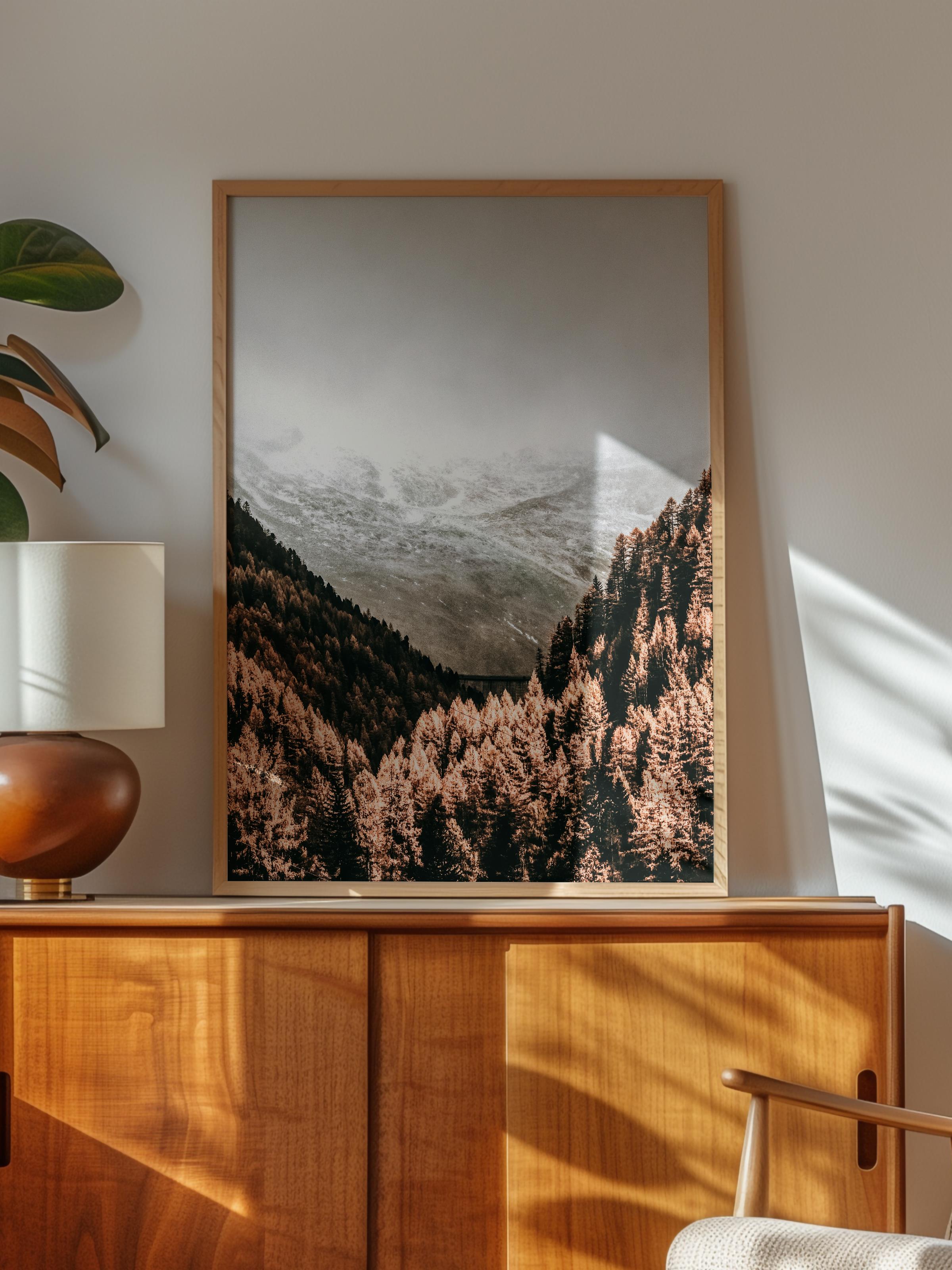 Rustic Çerçevesiz Poster, İskandinav Kahverengi Poster, NO:199 Bulutlu Dağ Manzarası Fotoğraf, Dikey