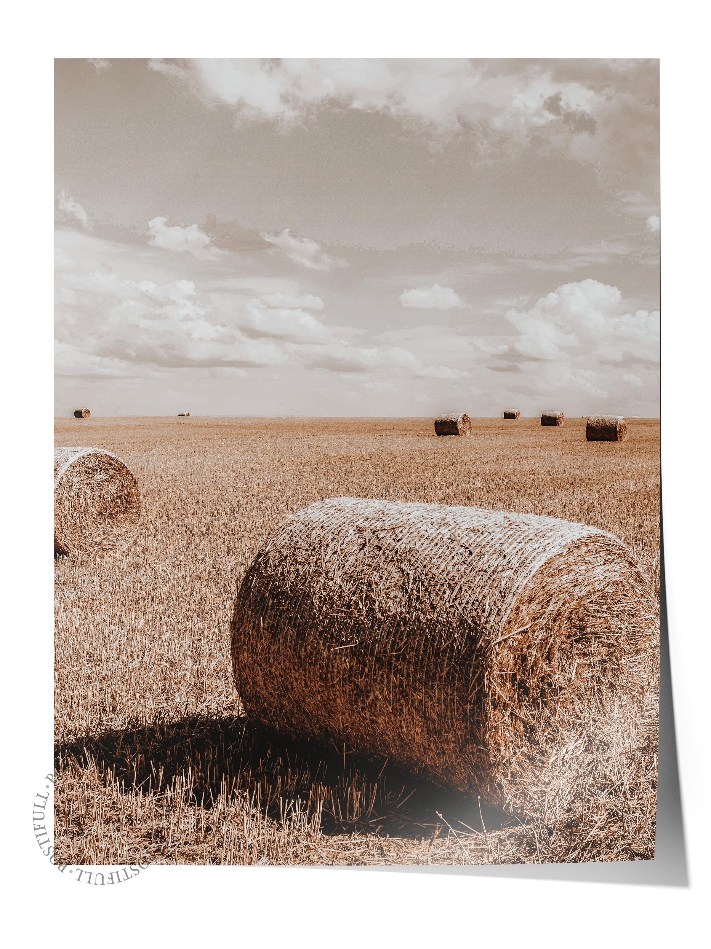 Rustic Çerçevesiz Poster, İskandinav Kahverengi Poster, NO:20 Tarlada Saman Balyası Fotoğraf, Dikey