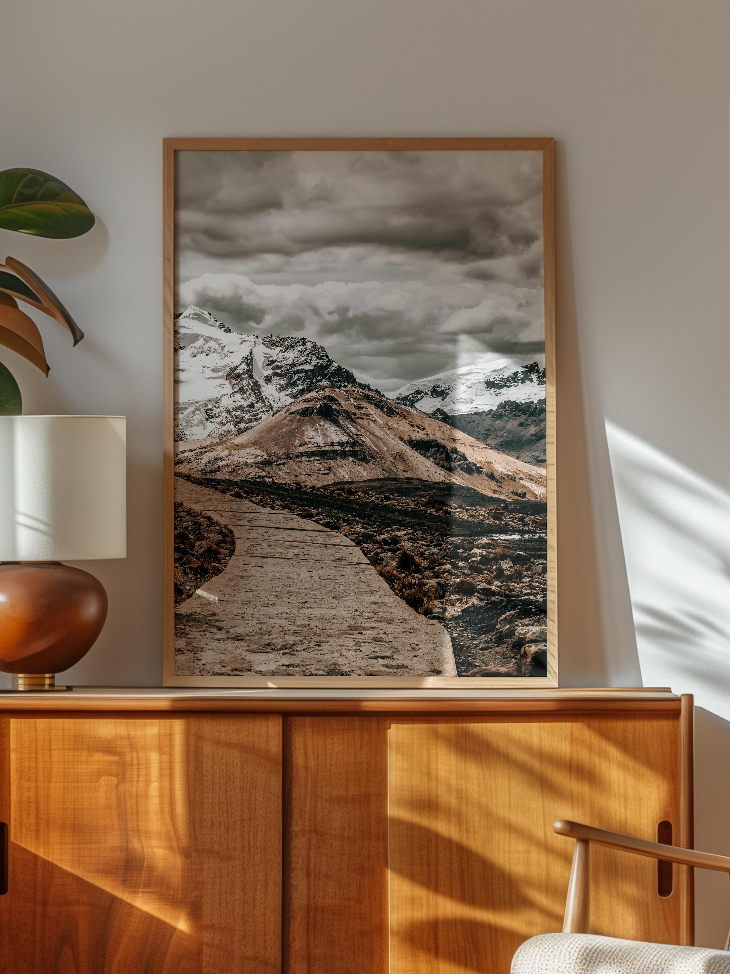 Rustic Çerçevesiz Poster, İskandinav Kahverengi Poster, NO:200 Karlı Dağ Manzarası Fotoğraf, Dikey