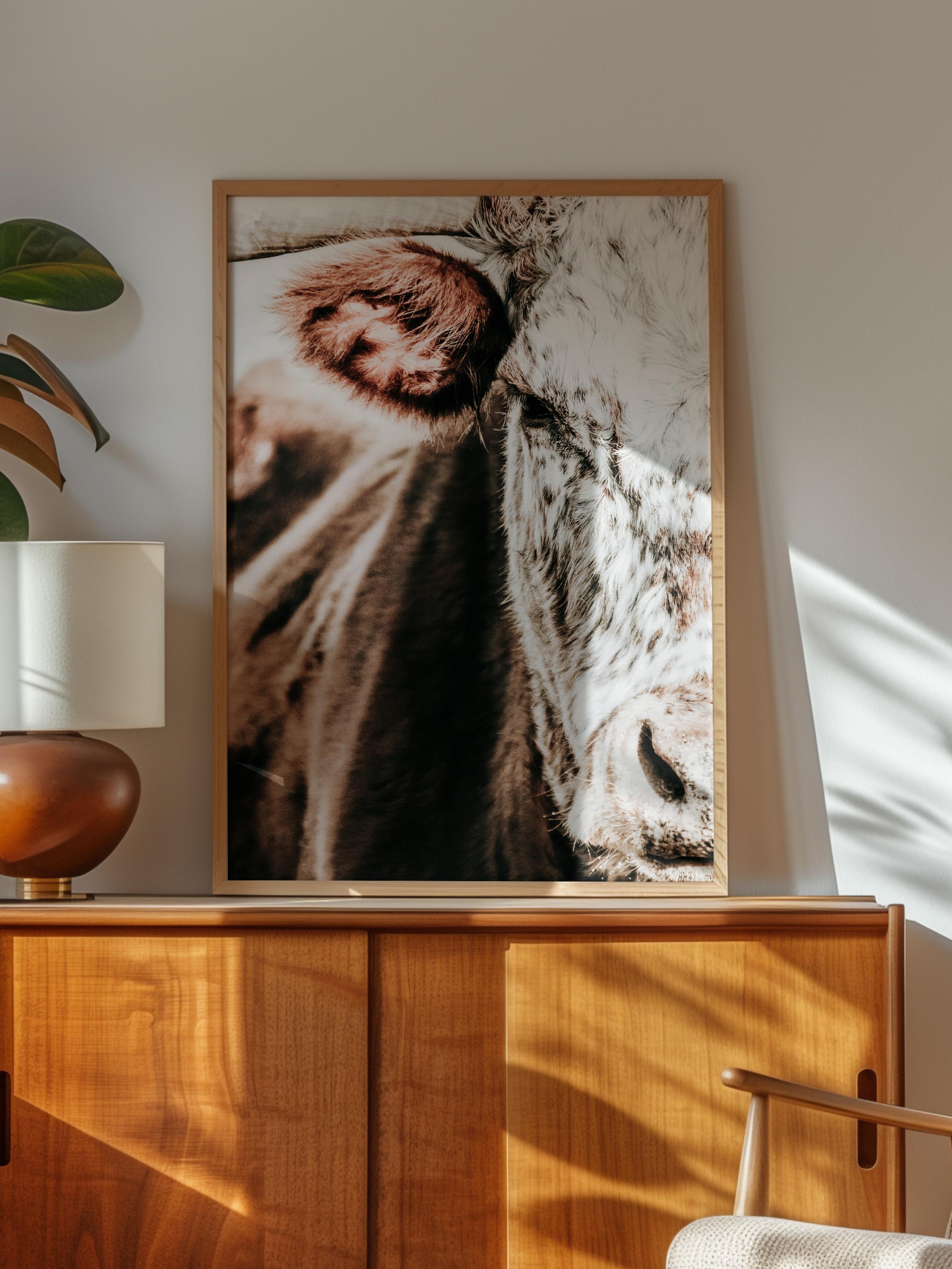 Rustic Çerçevesiz Poster, İskandinav Kahverengi Poster, NO:214 İnek Yakın Plan Fotoğraf, Dikey
