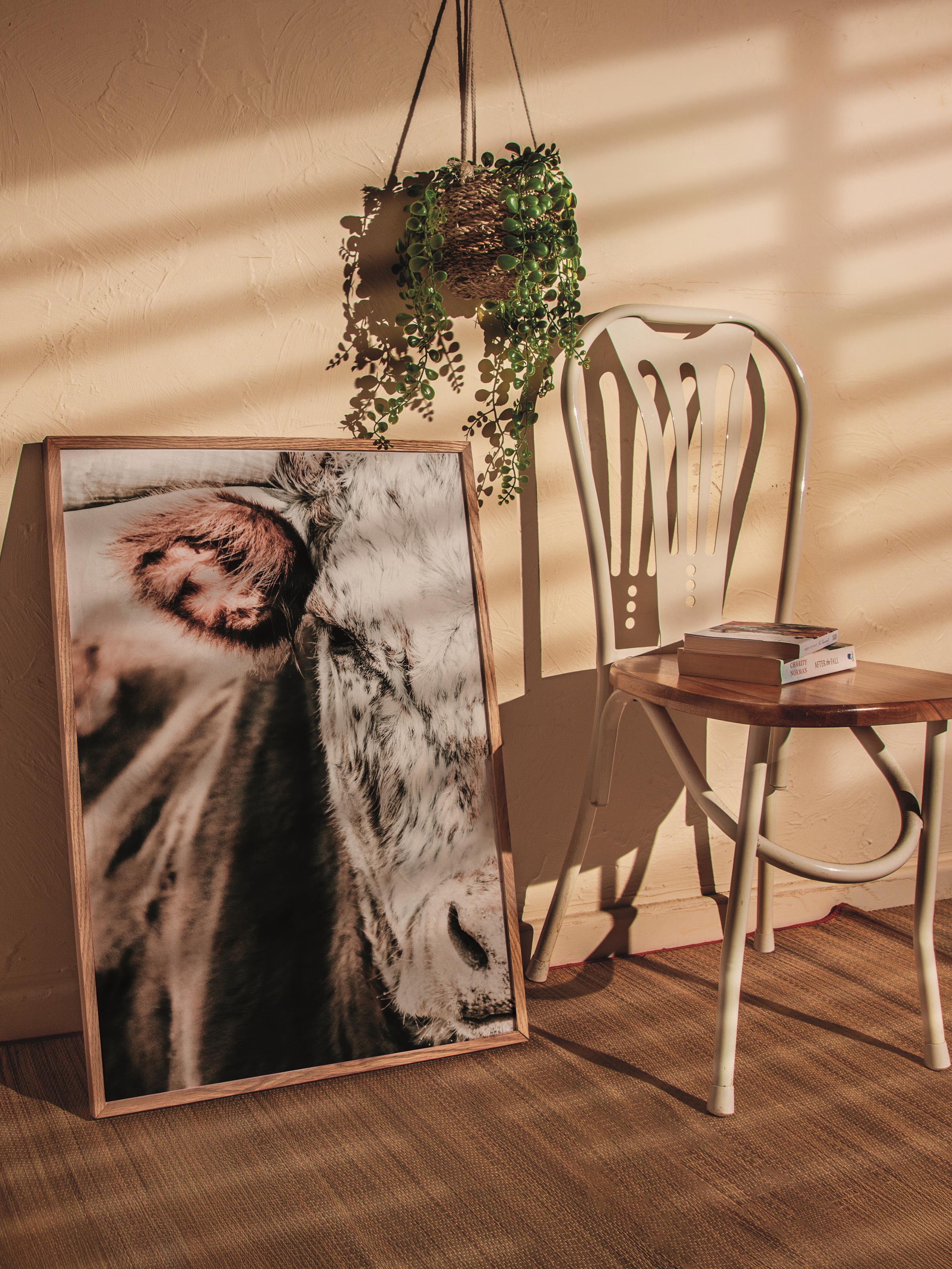 Rustic Çerçevesiz Poster, İskandinav Kahverengi Poster, NO:214 İnek Yakın Plan Fotoğraf, Dikey
