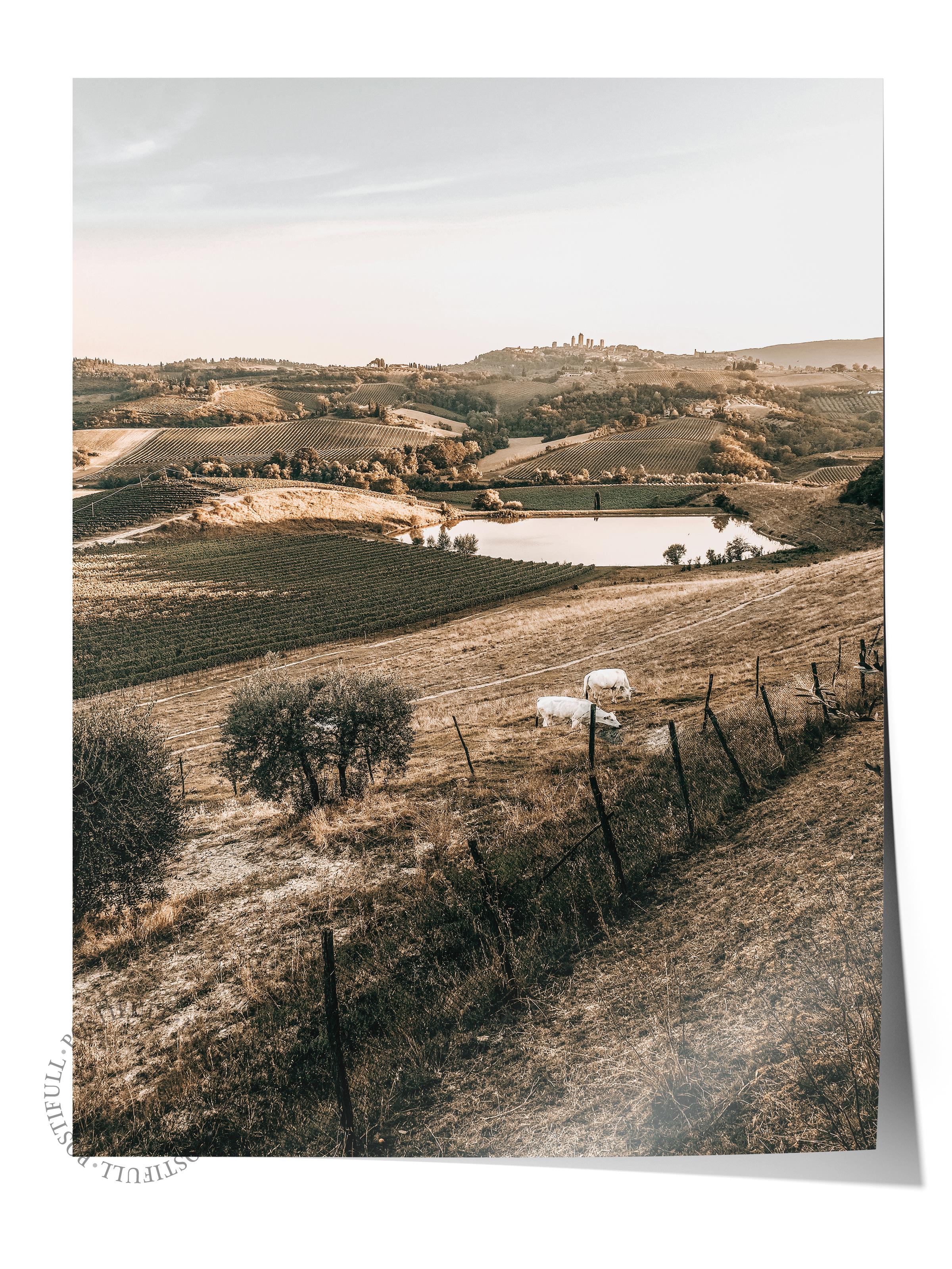 Rustic Çerçevesiz Poster, İskandinav Kahverengi Poster, NO:216 Tarlada Ev ve Dağ Manzarası Fotoğraf