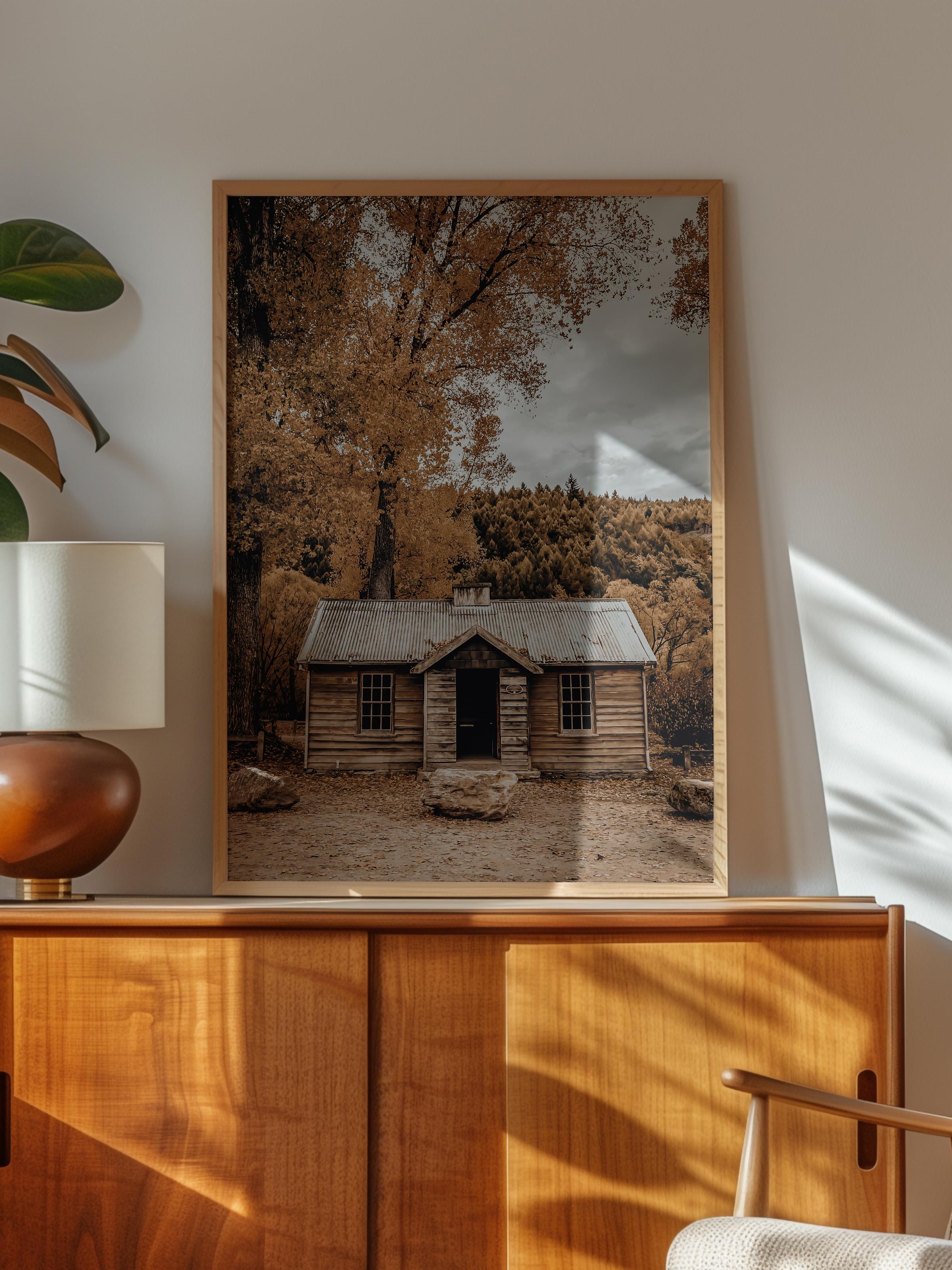 Rustic Çerçevesiz Poster, İskandinav Kahverengi Poster, NO:22 Küçük Ahşap Ev Fotoğraf, Dikey