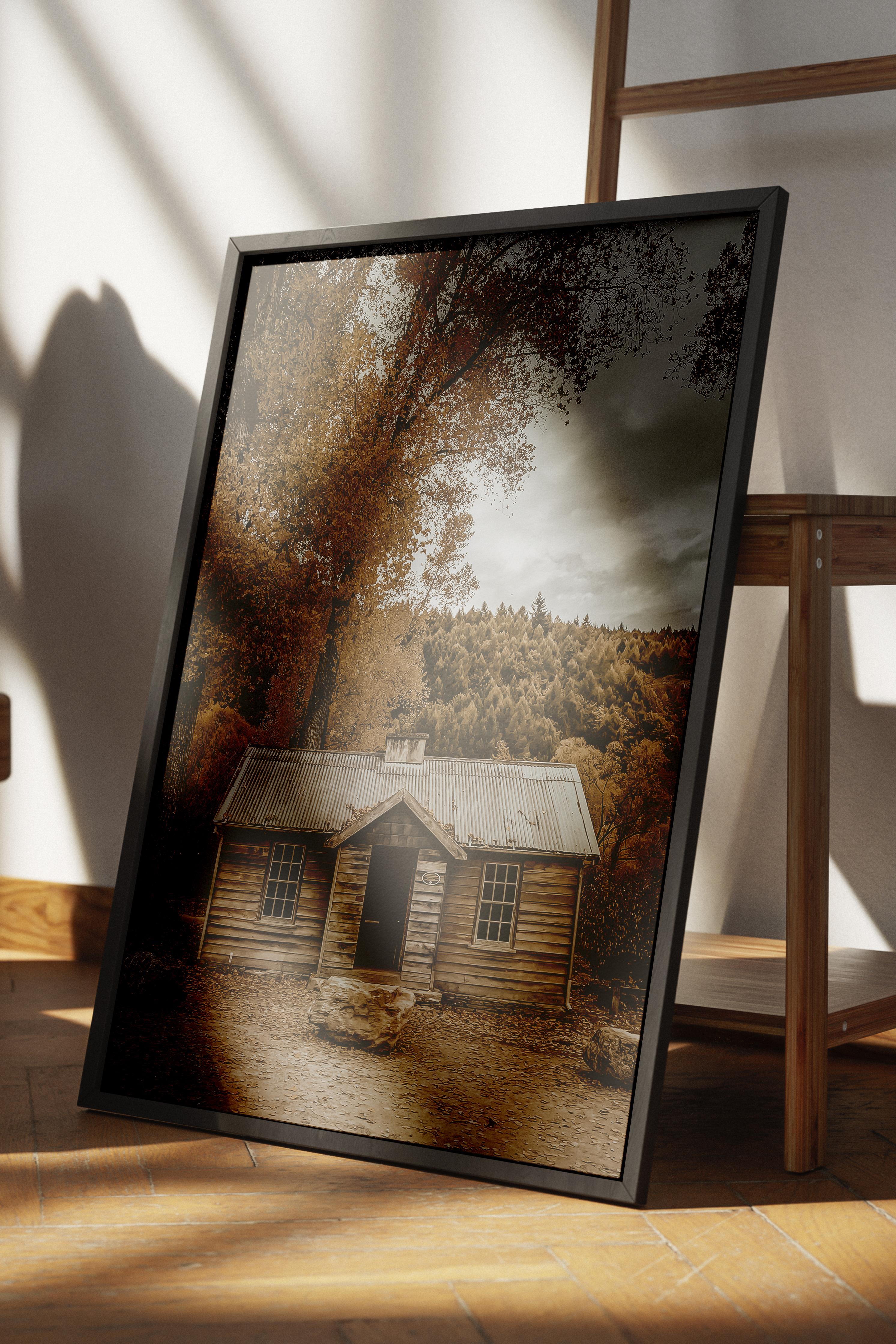 Rustic Çerçevesiz Poster, İskandinav Kahverengi Poster, NO:22 Küçük Ahşap Ev Fotoğraf, Dikey