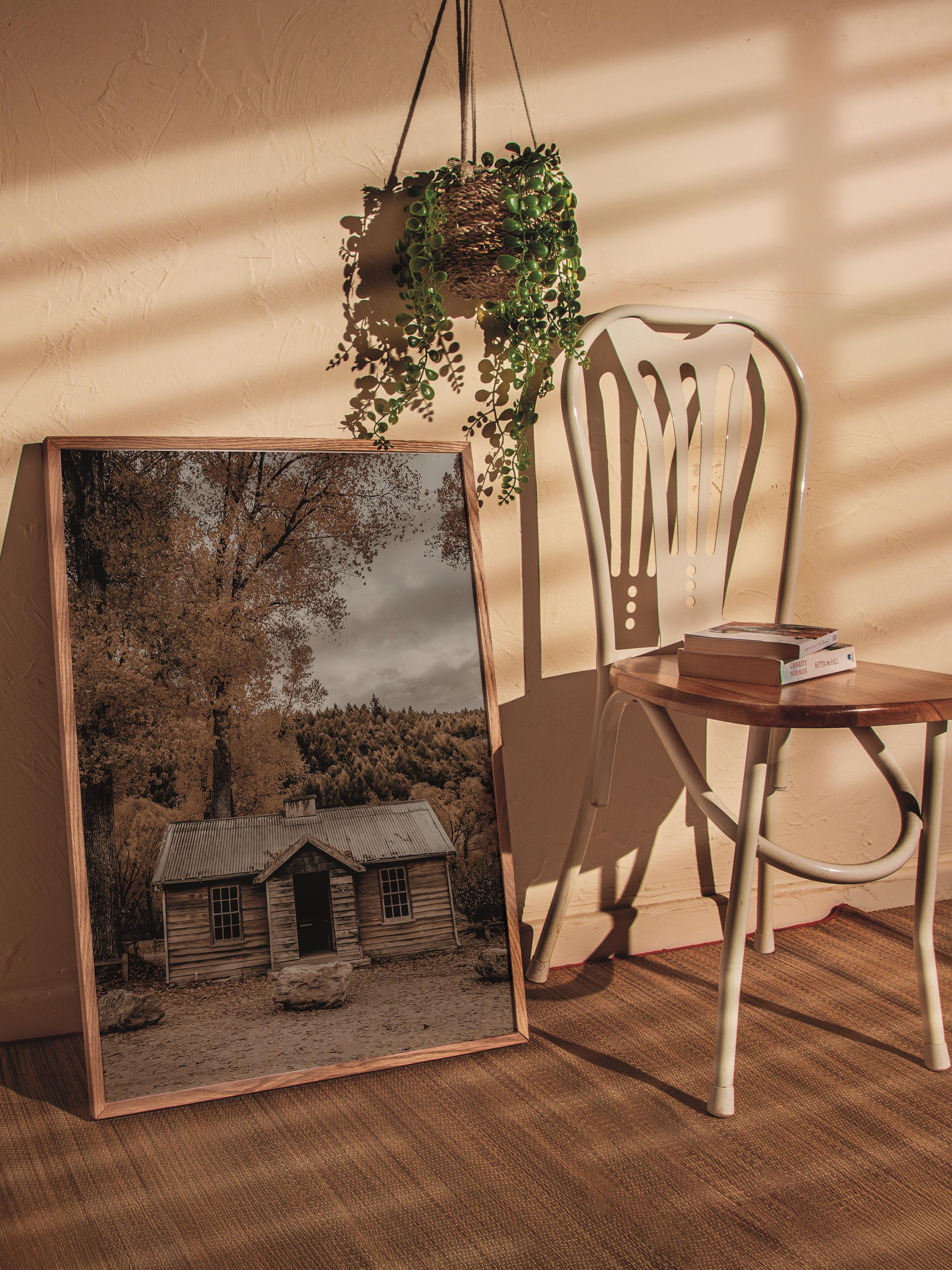 Rustic Çerçevesiz Poster, İskandinav Kahverengi Poster, NO:22 Küçük Ahşap Ev Fotoğraf, Dikey