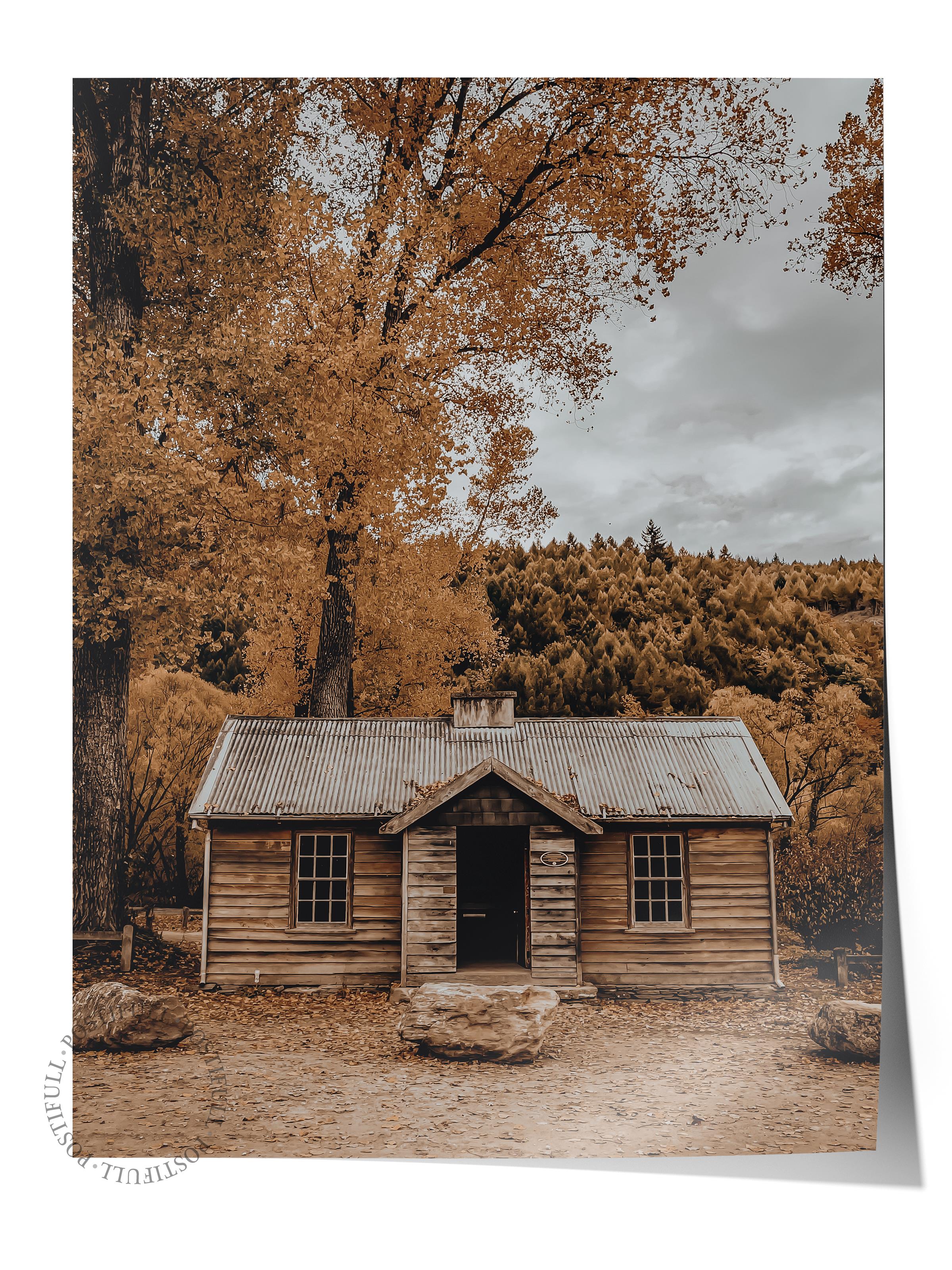 Rustic Çerçevesiz Poster, İskandinav Kahverengi Poster, NO:22 Küçük Ahşap Ev Fotoğraf, Dikey
