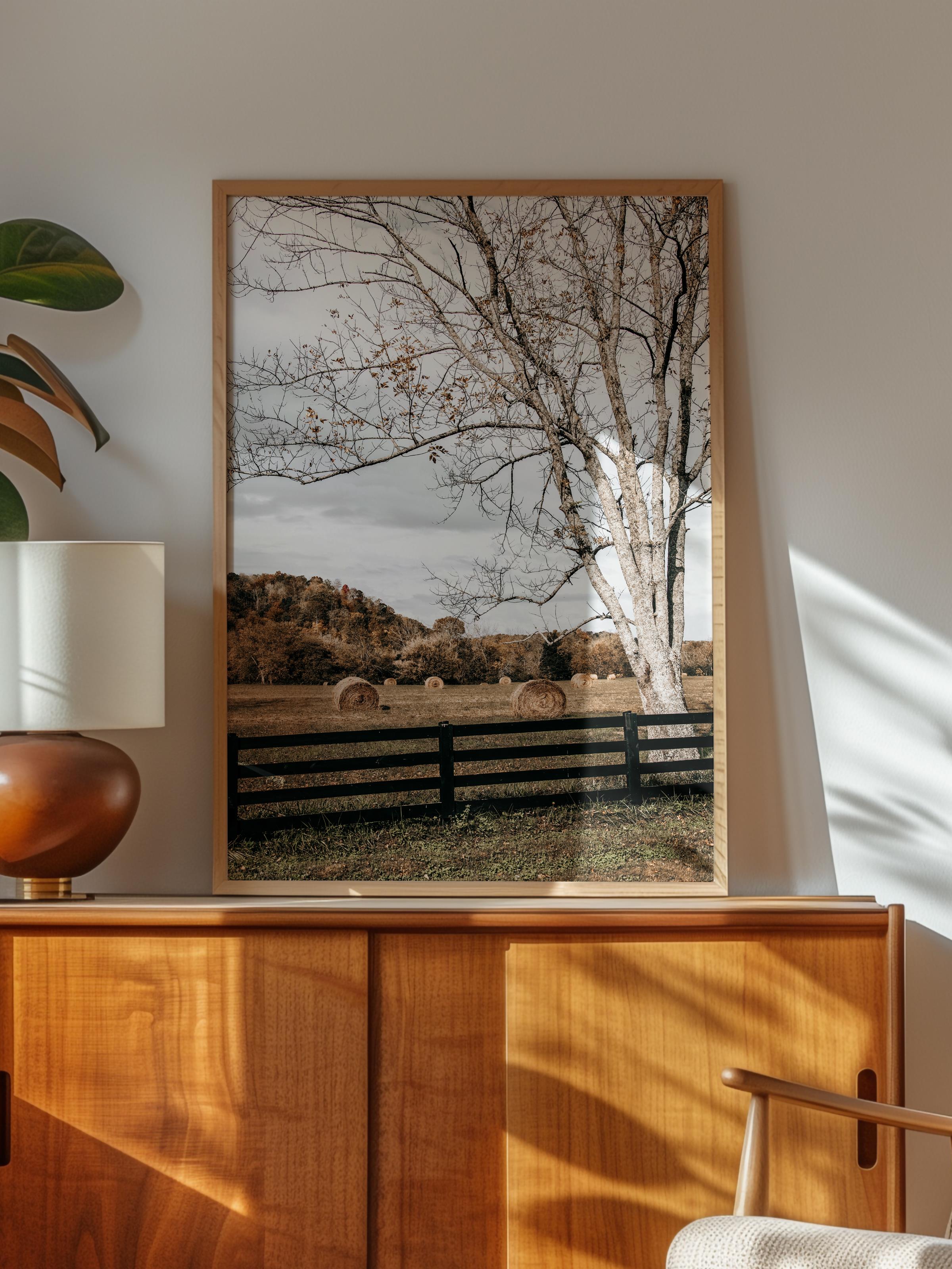 Rustic Çerçevesiz Poster, İskandinav Kahverengi Poster, NO:221 Çit ve Ağaç Fotoğraf, Dikey
