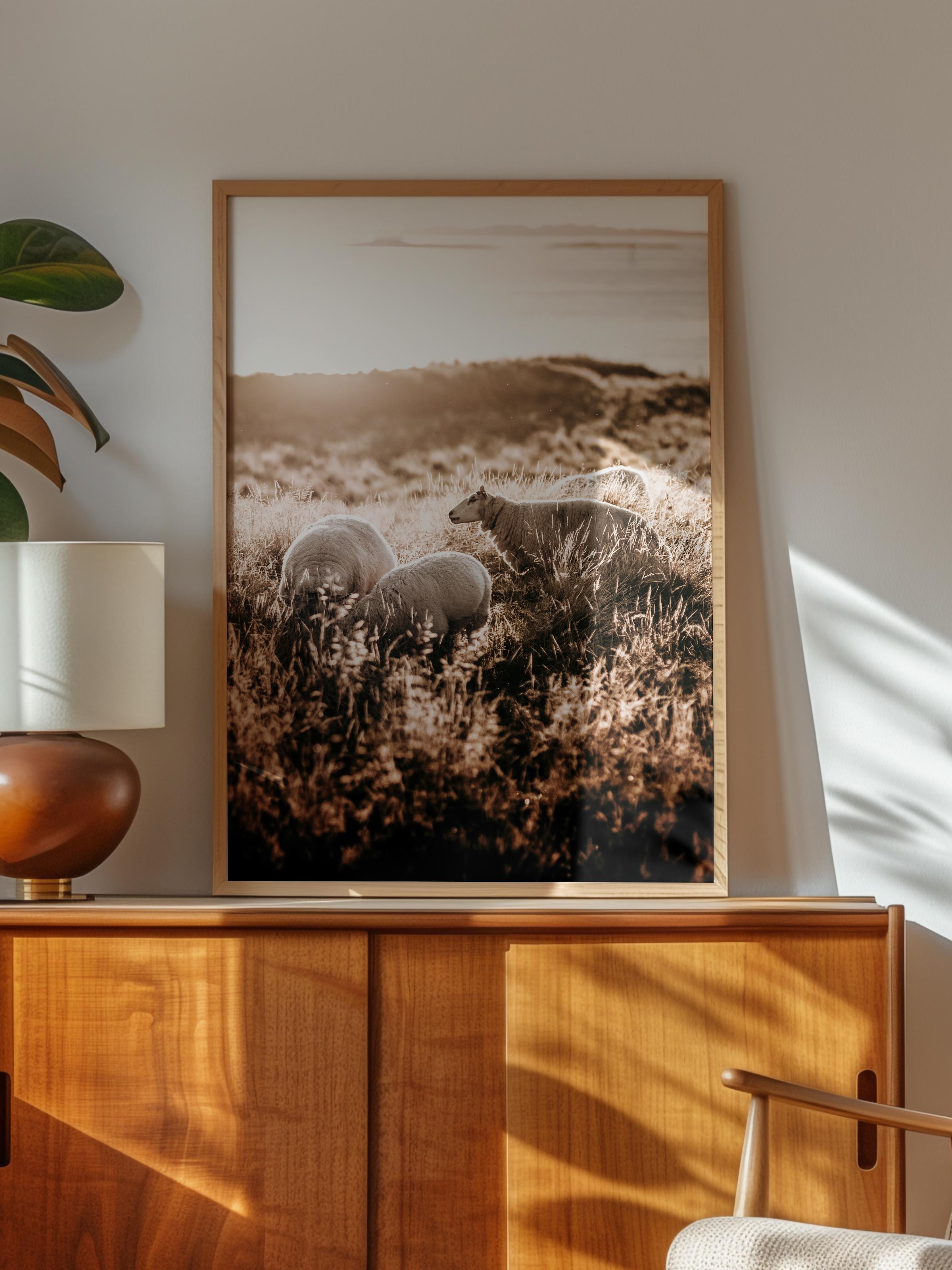 Rustic Çerçevesiz Poster, İskandinav Kahverengi Poster, NO:223 Koyunlar ve Gün Batımı Fotoğraf, Dikey
