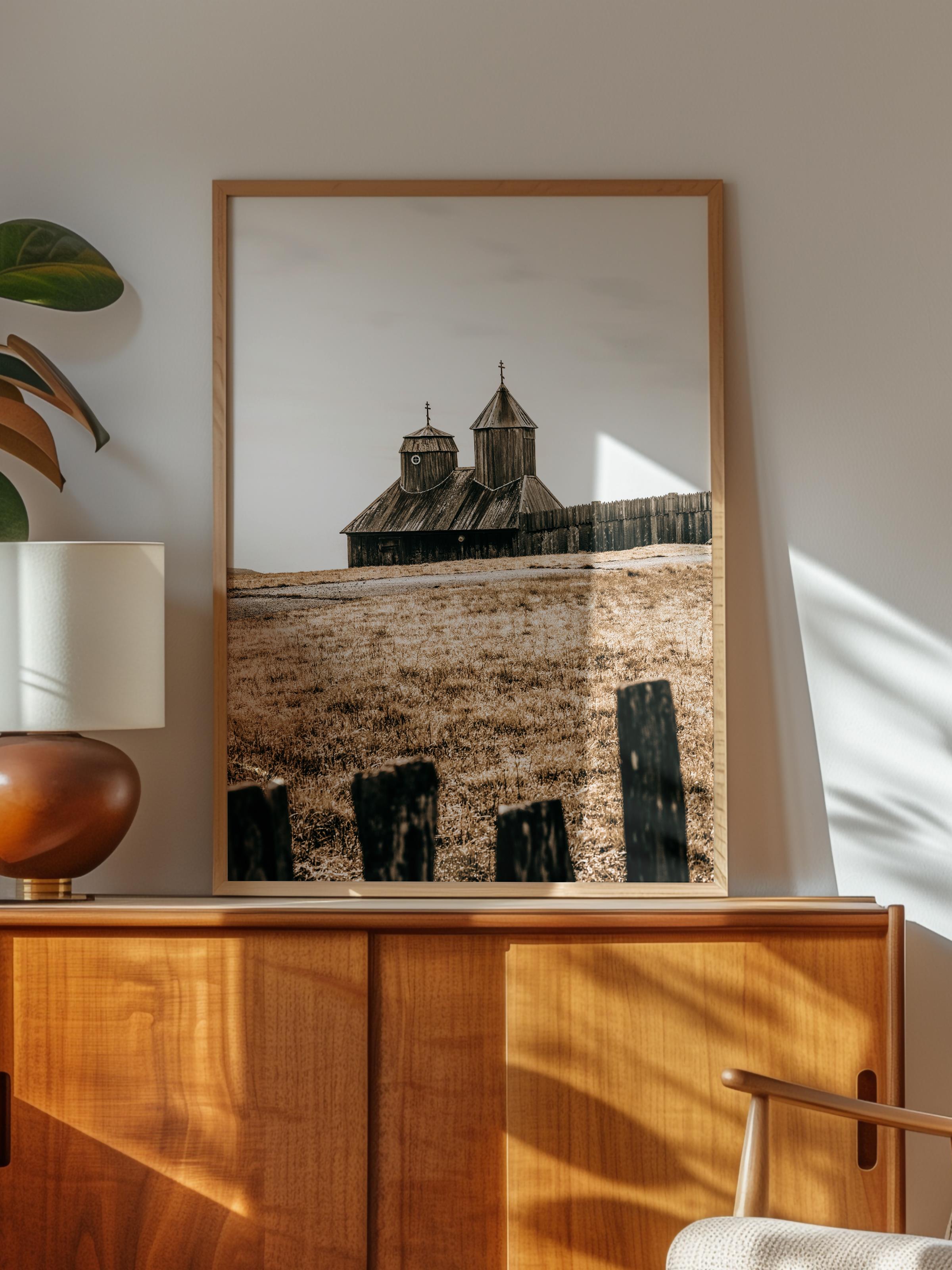 Rustic Çerçevesiz Poster, İskandinav Kahverengi Poster, NO:224 Çit ve Ev Fotoğraf, Dikey