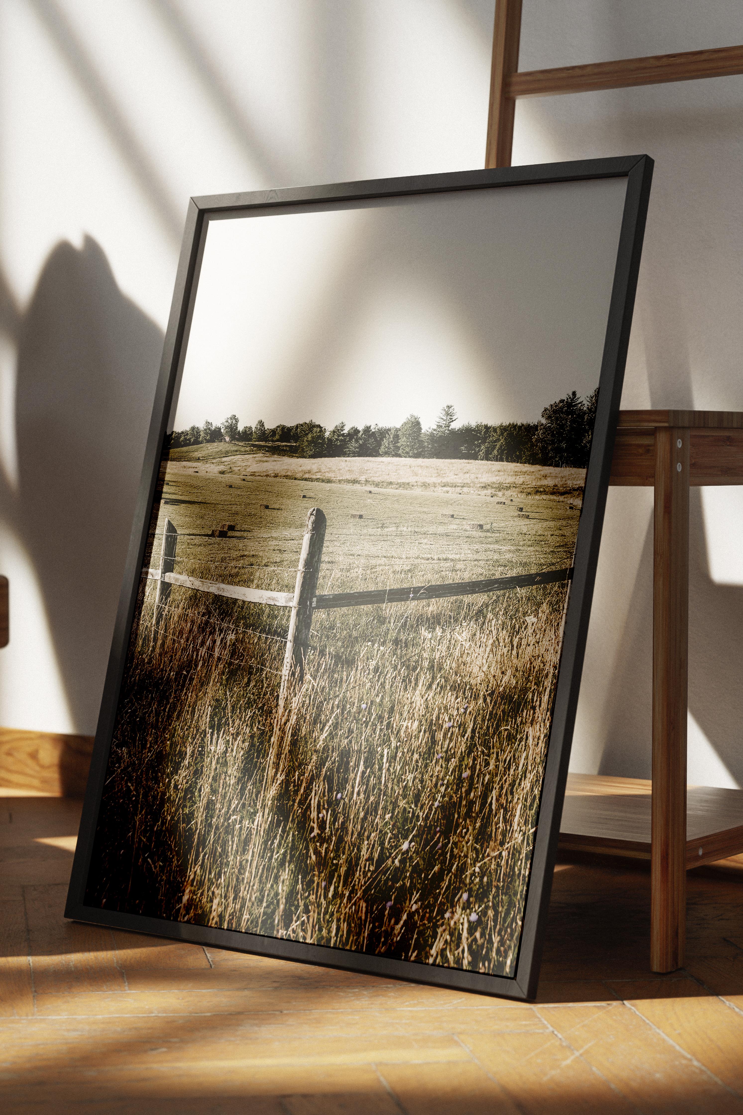 Rustic Çerçevesiz Poster, İskandinav Kahverengi Poster, NO:227 Tarla ve Çit Fotoğraf, Dikey