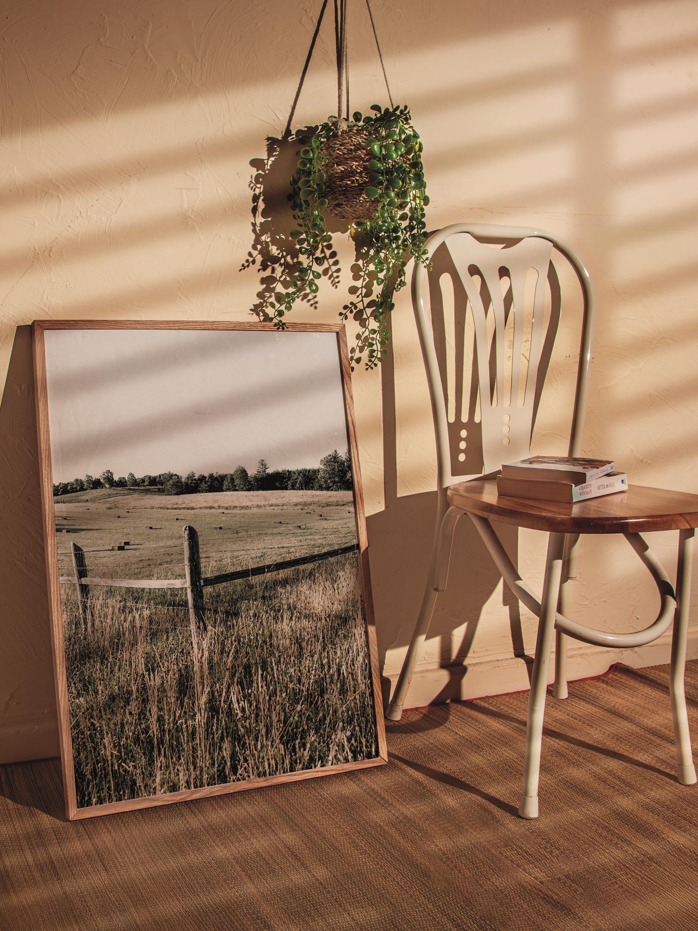 Rustic Çerçevesiz Poster, İskandinav Kahverengi Poster, NO:227 Tarla ve Çit Fotoğraf, Dikey