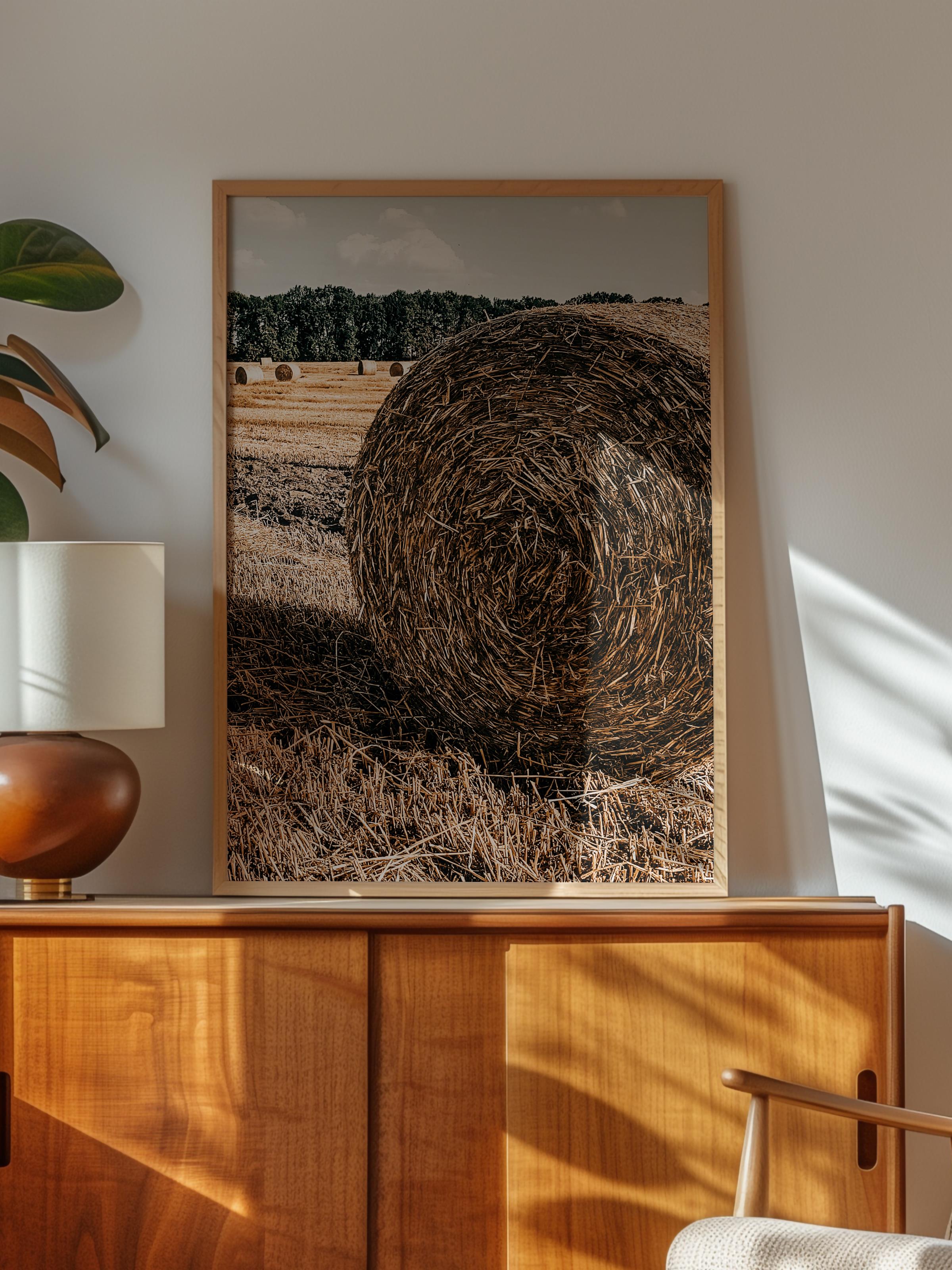 Rustic Çerçevesiz Poster, İskandinav Kahverengi Poster, NO:232 Saman Balyası Yakın Plan Fotoğraf