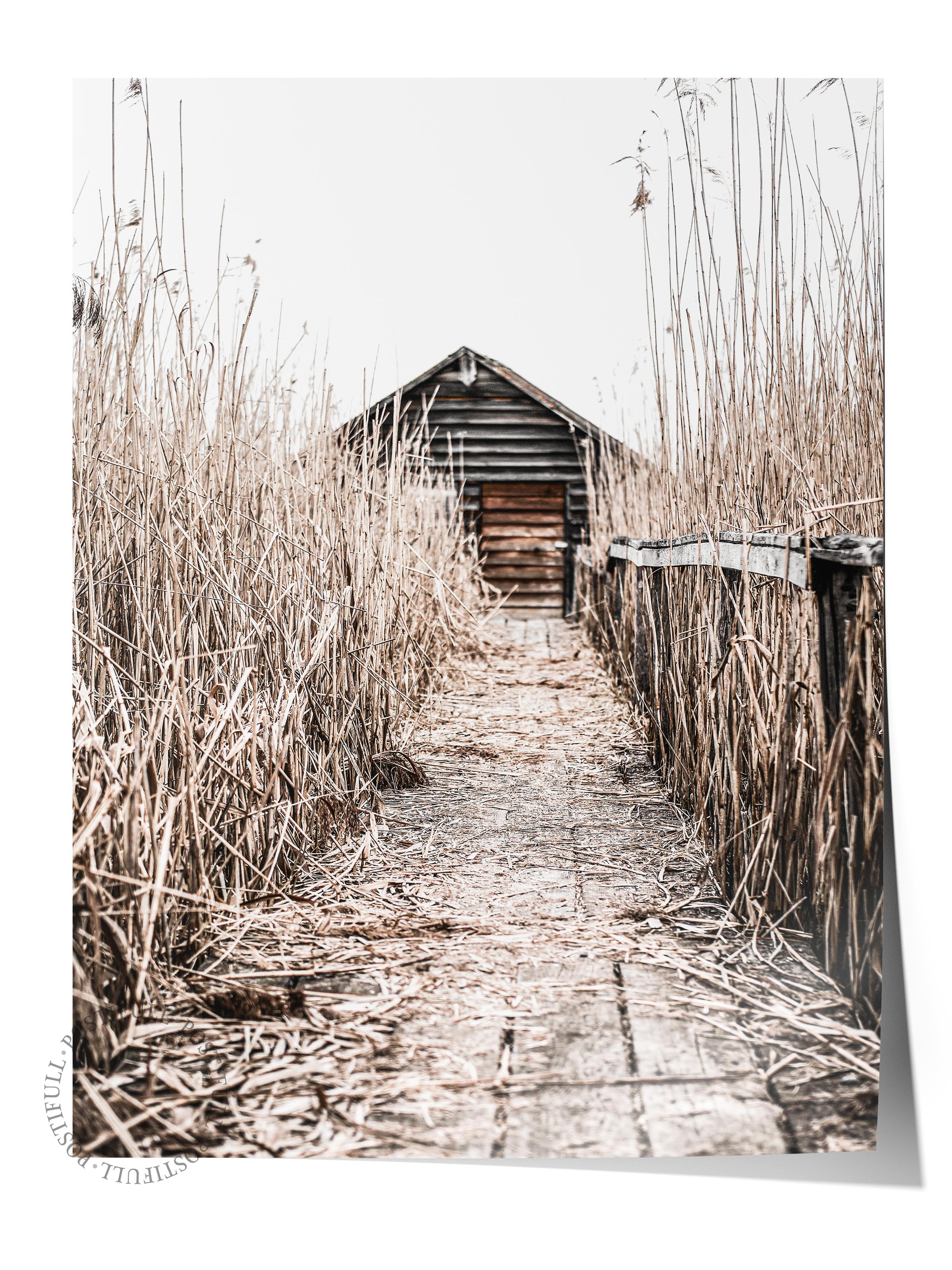 Rustic Çerçevesiz Poster, İskandinav Kahverengi Poster, NO:237 Ahşap Yol ve Ev Fotoğraf, Dikey