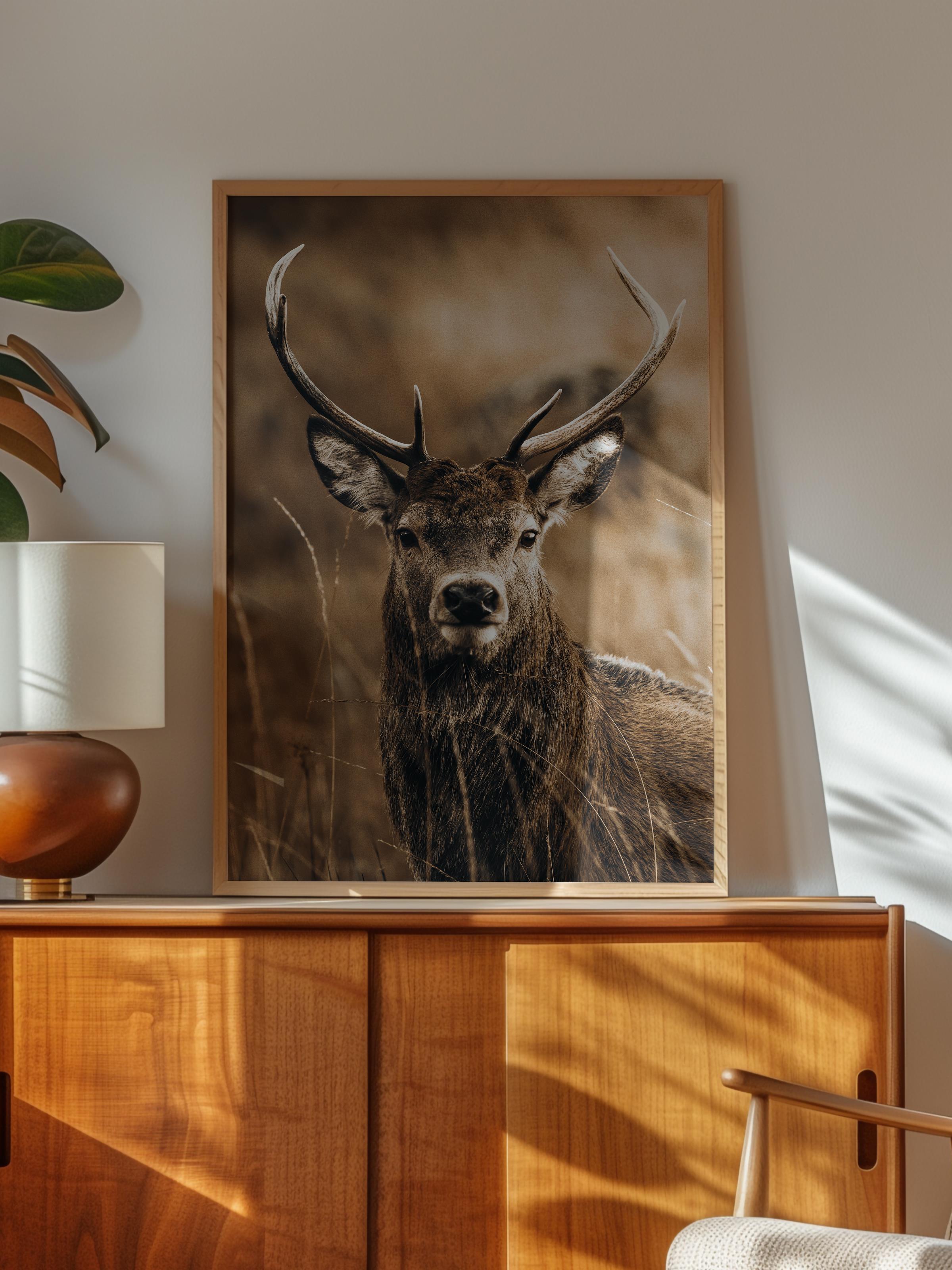 Rustic Çerçevesiz Poster, İskandinav Kahverengi Poster, NO:24 Geyik Portresi Fotoğraf, Dikey