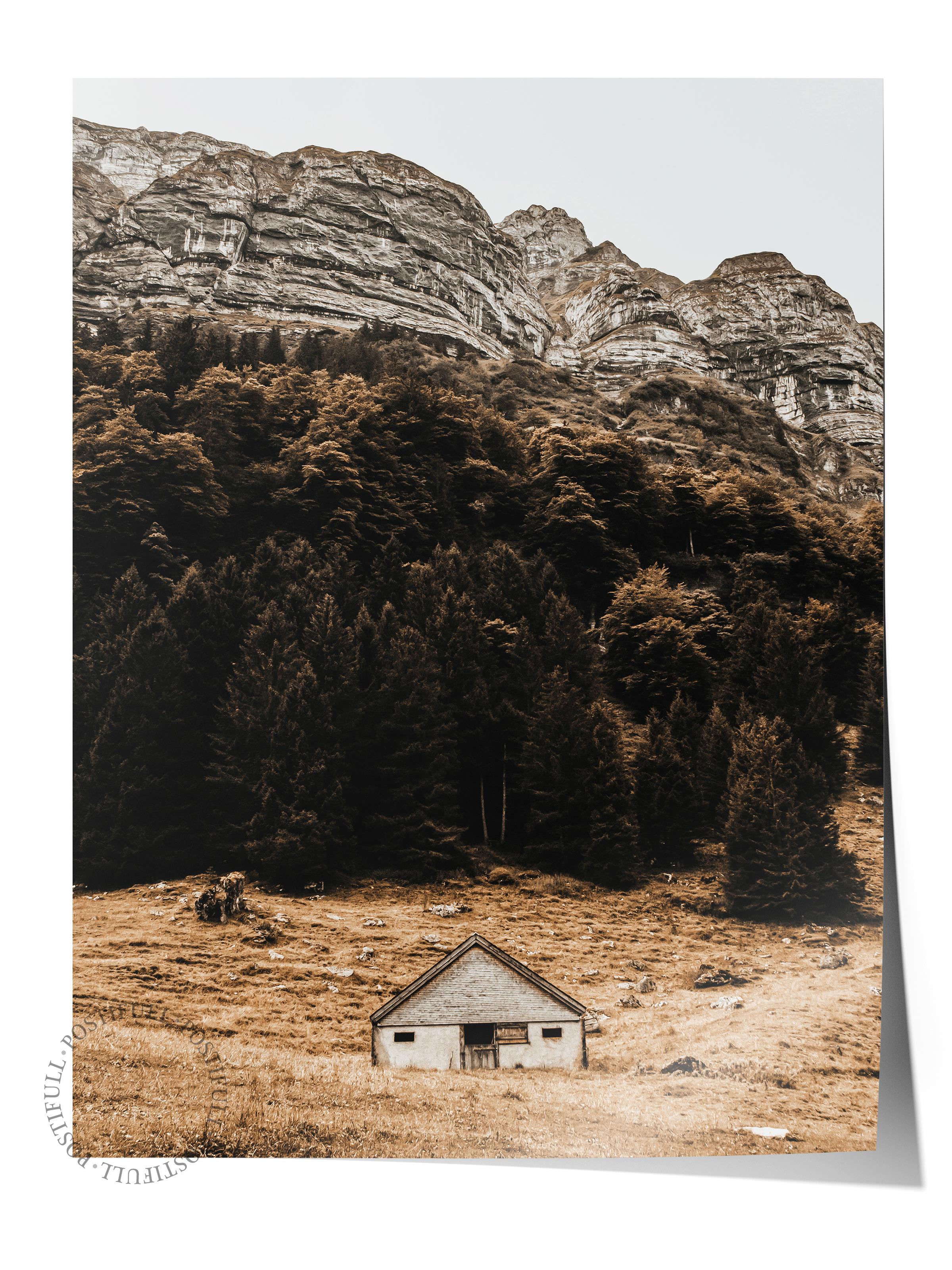 Rustic Çerçevesiz Poster, İskandinav Kahverengi Poster, NO:25 Dağlar ve Küçük Ahşap Ev Fotoğraf Dikey