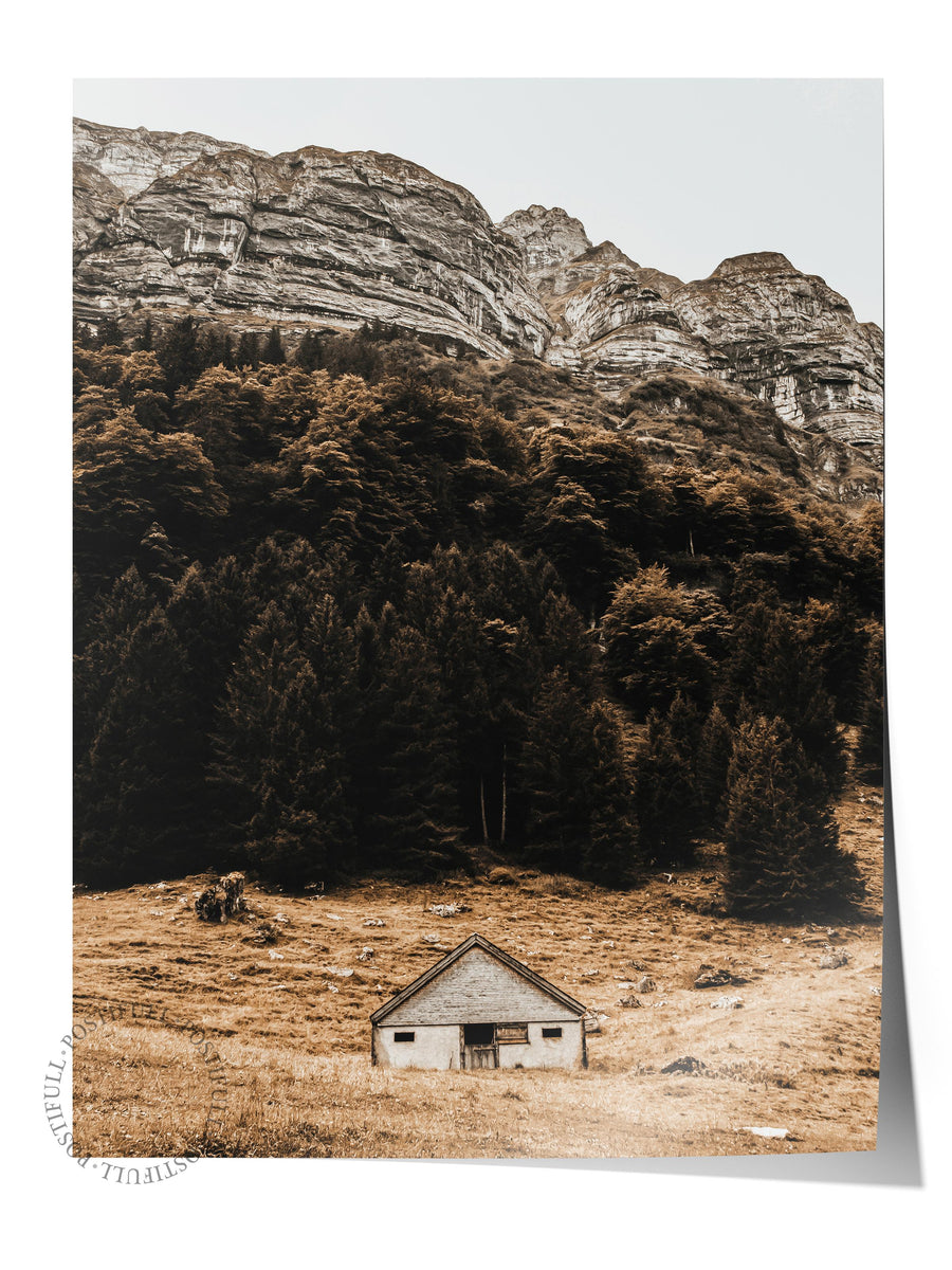 Dağ Eteğinde Yalnız Kulübe Rustic Çerçevesiz Poster