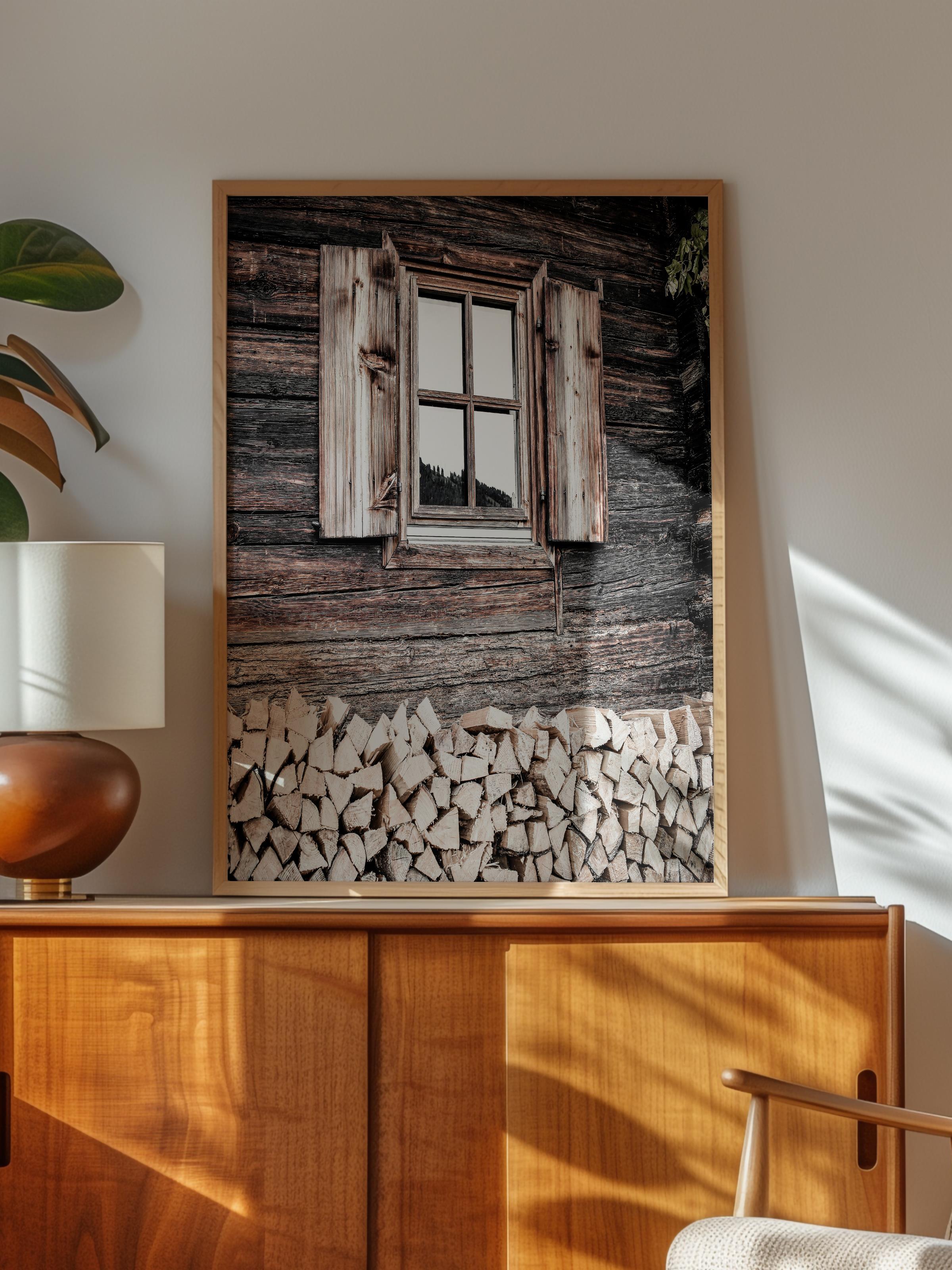 Rustic Çerçevesiz Poster, İskandinav Kahverengi Poster, NO:256 Ahşap Ev ve Odun Fotoğraf, Dikey