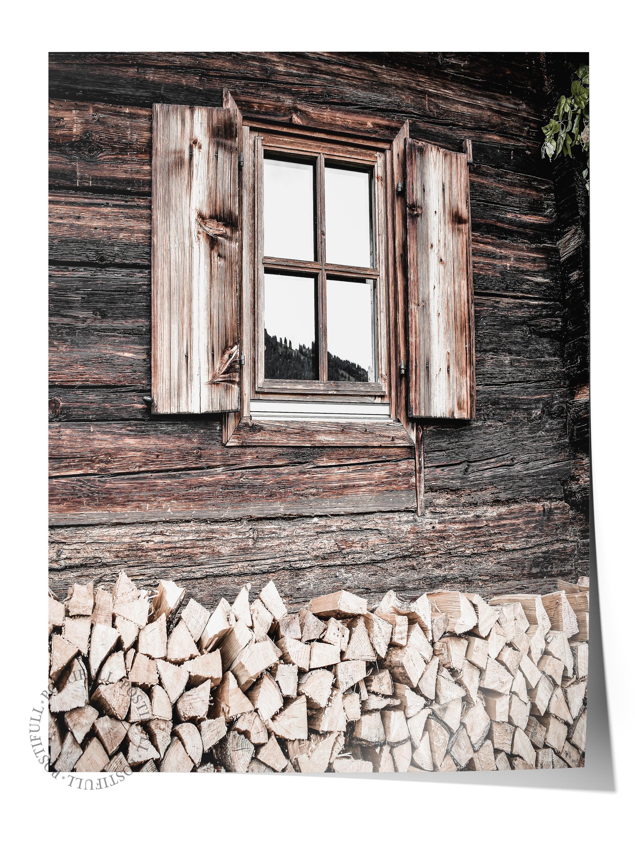 Rustic Çerçevesiz Poster, İskandinav Kahverengi Poster, NO:256 Ahşap Ev ve Odun Fotoğraf, Dikey