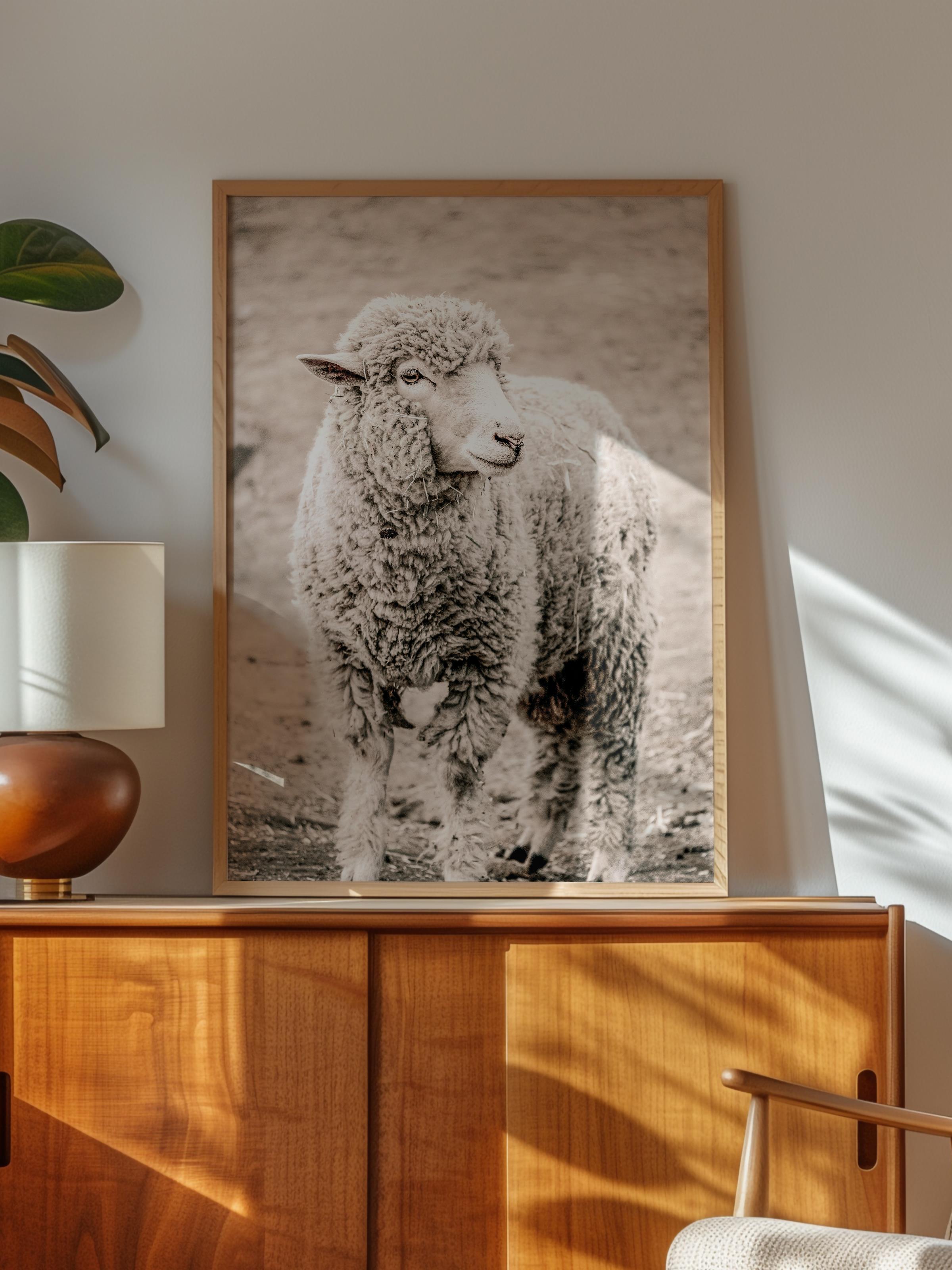 Rustic Çerçevesiz Poster, İskandinav Kahverengi Poster, NO:258 Koyun Yakın Plan Fotoğraf, Dikey