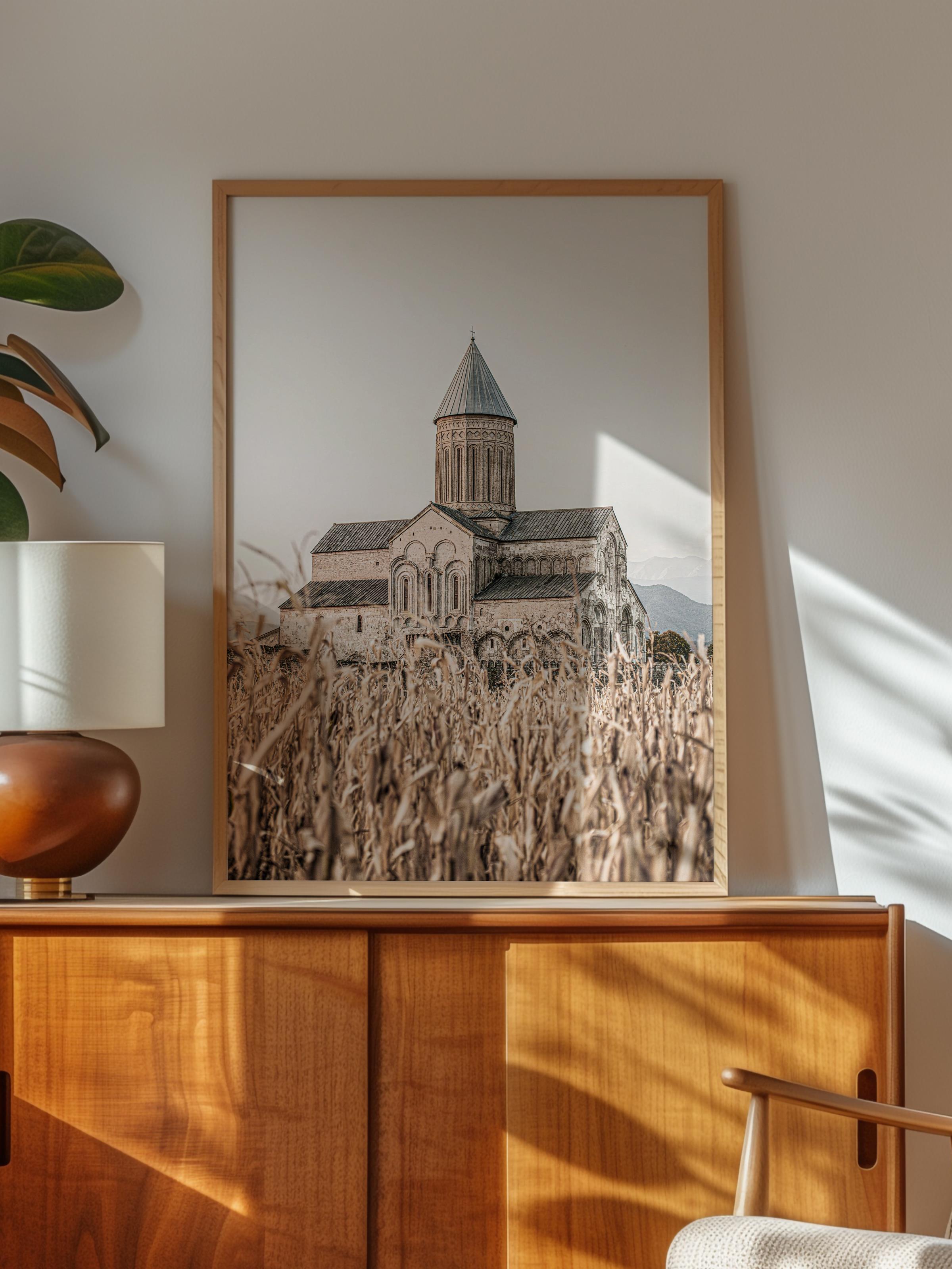 Rustic Çerçevesiz Poster, İskandinav Kahverengi Poster, NO:261 Kilise ve Tarlalar Fotoğraf, Dikey